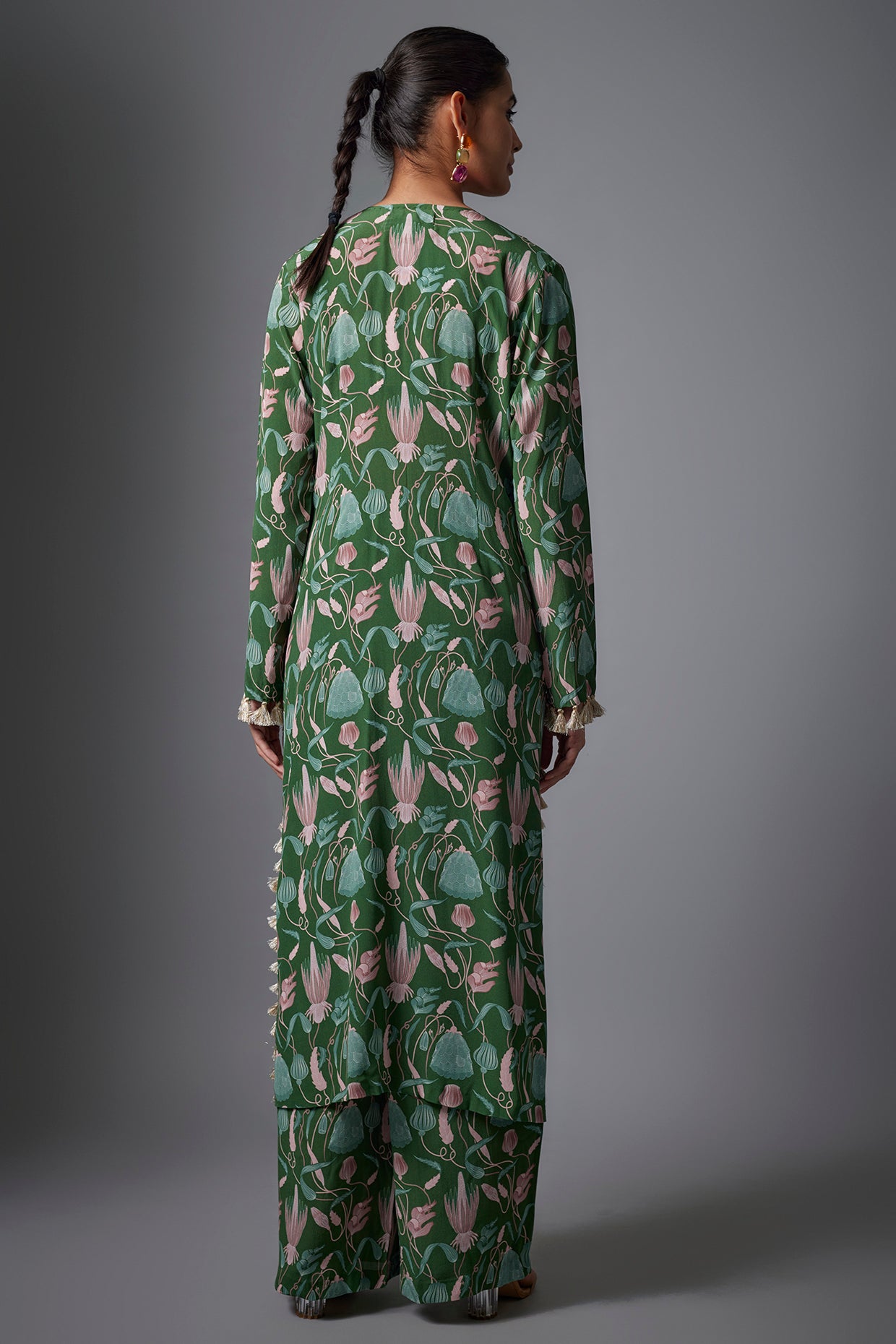 Green Island Escape Print Crepe Embroidered Yoke Kurta And Crepe Pallazo With Rose Pink  Dupatta.