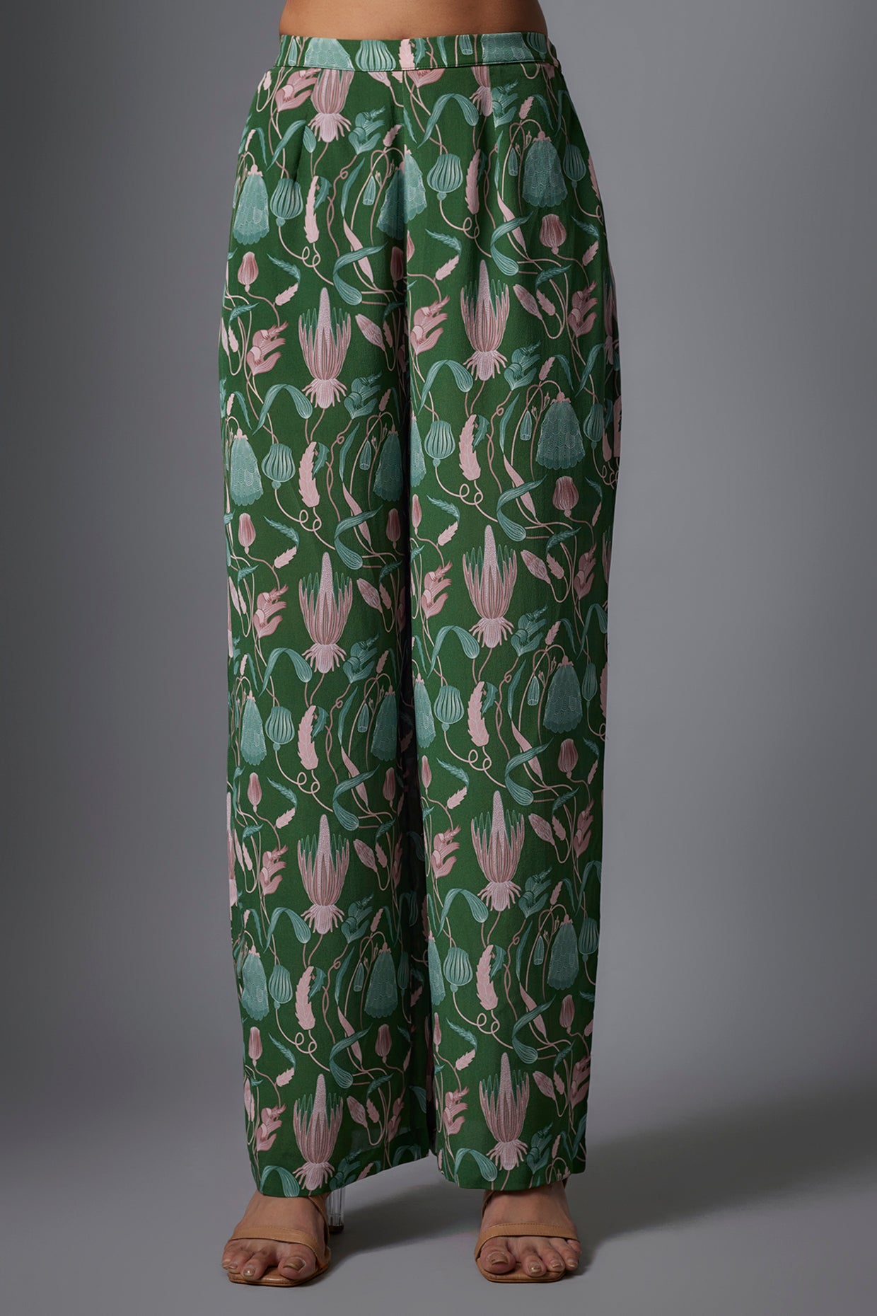 Green Island Escape Print Crepe Embroidered Yoke Kurta And Crepe Pallazo With Rose Pink Dupatta.