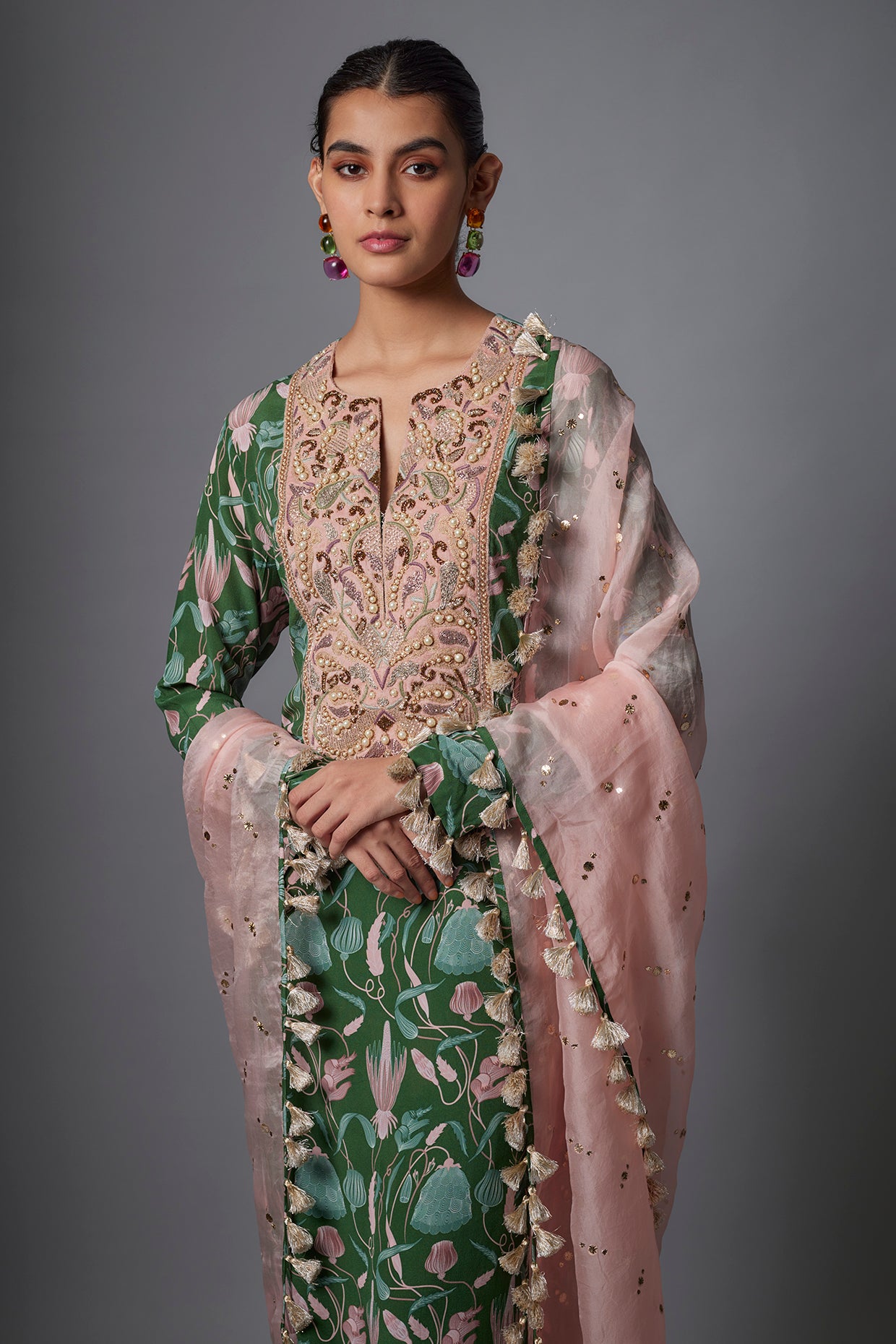 Green Island Escape Print Crepe Embroidered Yoke Kurta And Crepe Pallazo With Rose Pink Dupatta.