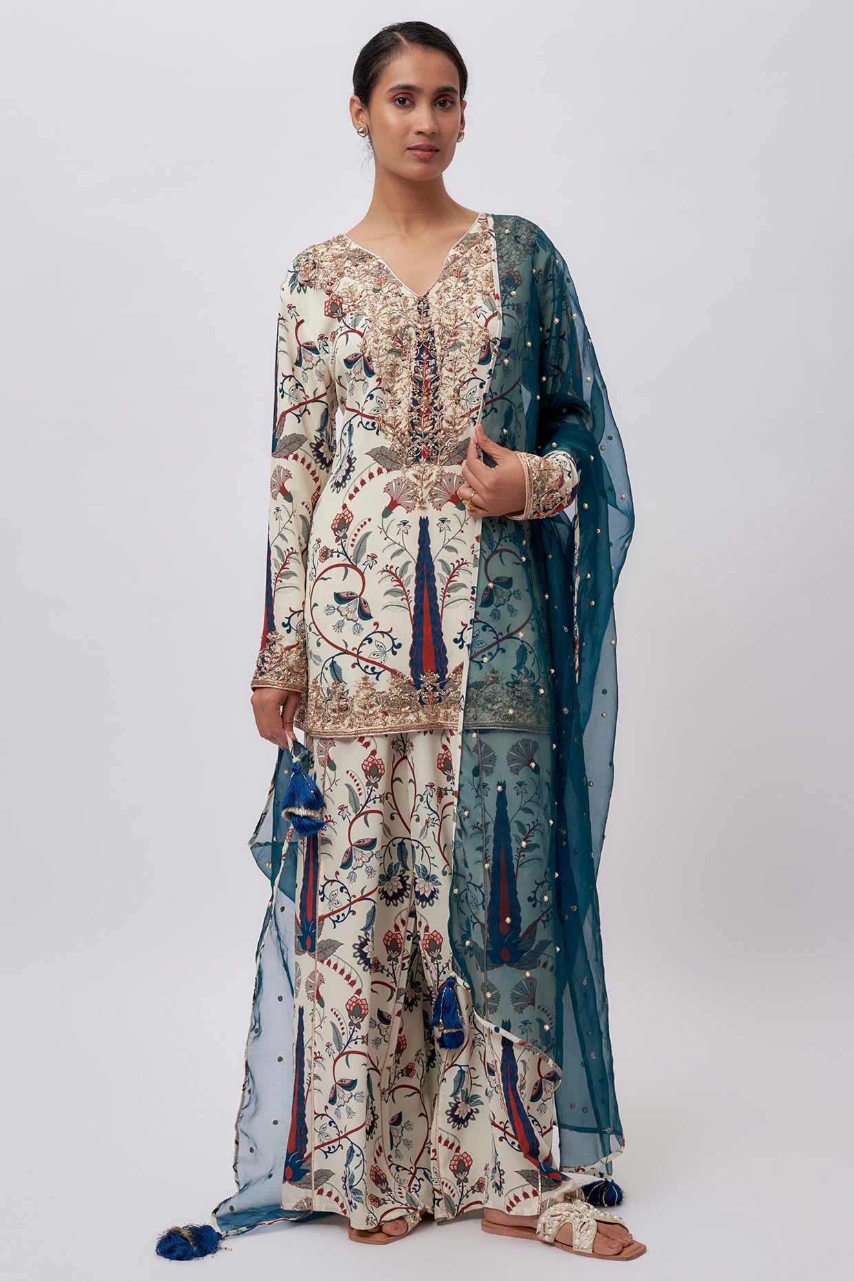 Blue Forest Whisper Print Crepe Embroidered Kurta And Crepe Pant With Organza Embroidered Dupatta.
