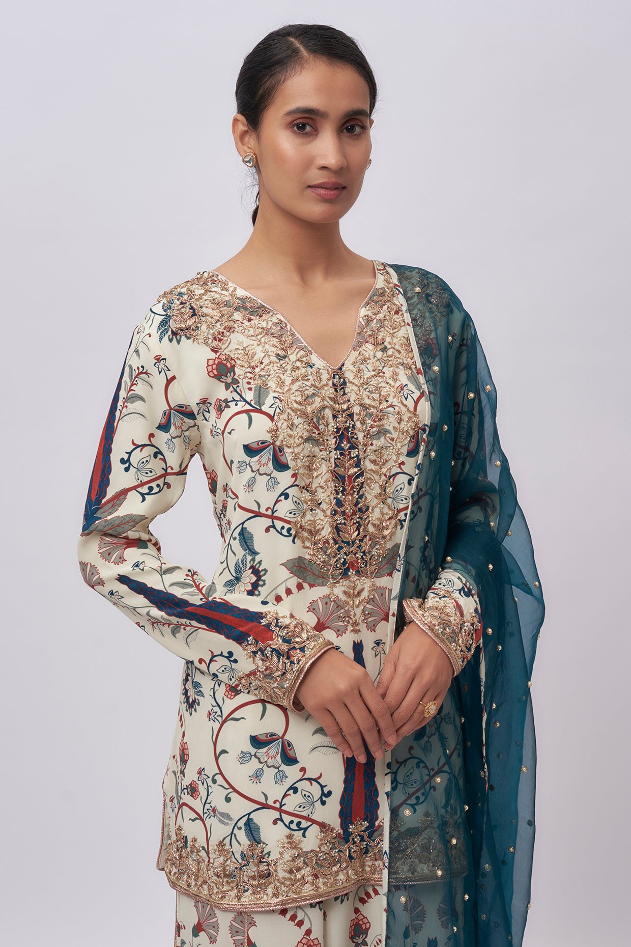 Blue Forest Whisper Print Crepe Embroidered Kurta And Crepe Pant With Organza Embroidered Dupatta.