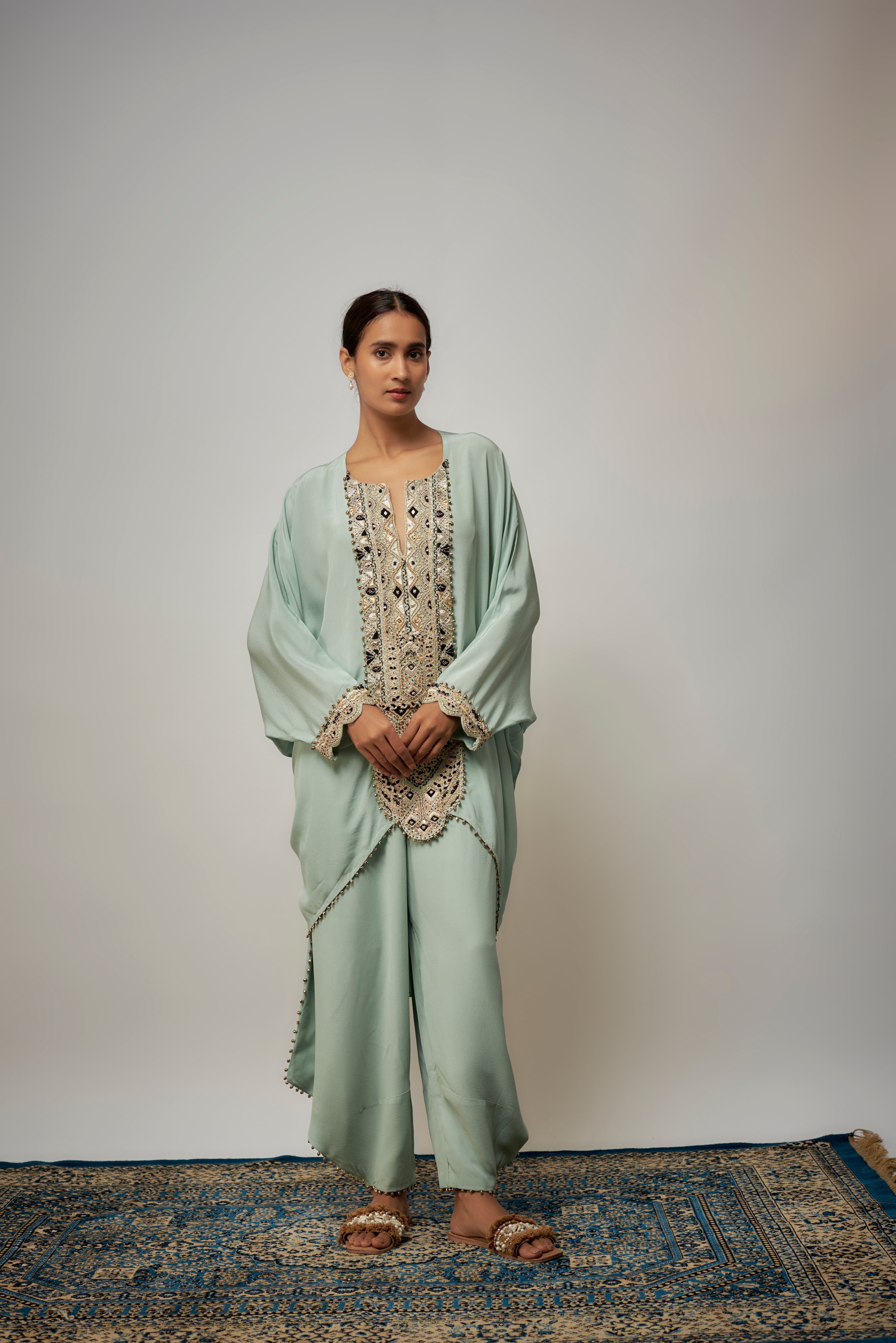 Seafoam Embroidered Yoke Kaftan With Pant