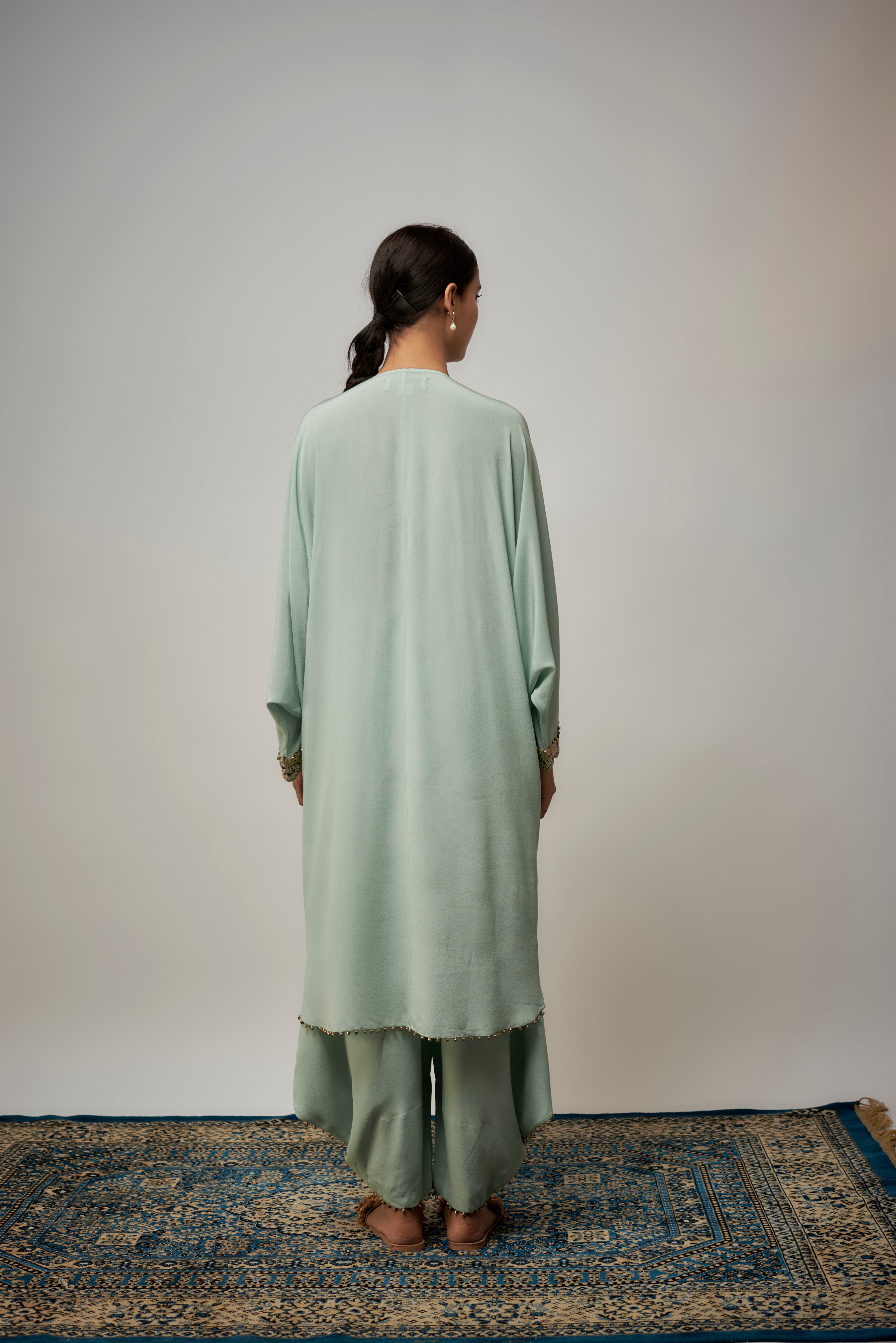 Seafoam Embroidered Yoke Kaftan With Pant