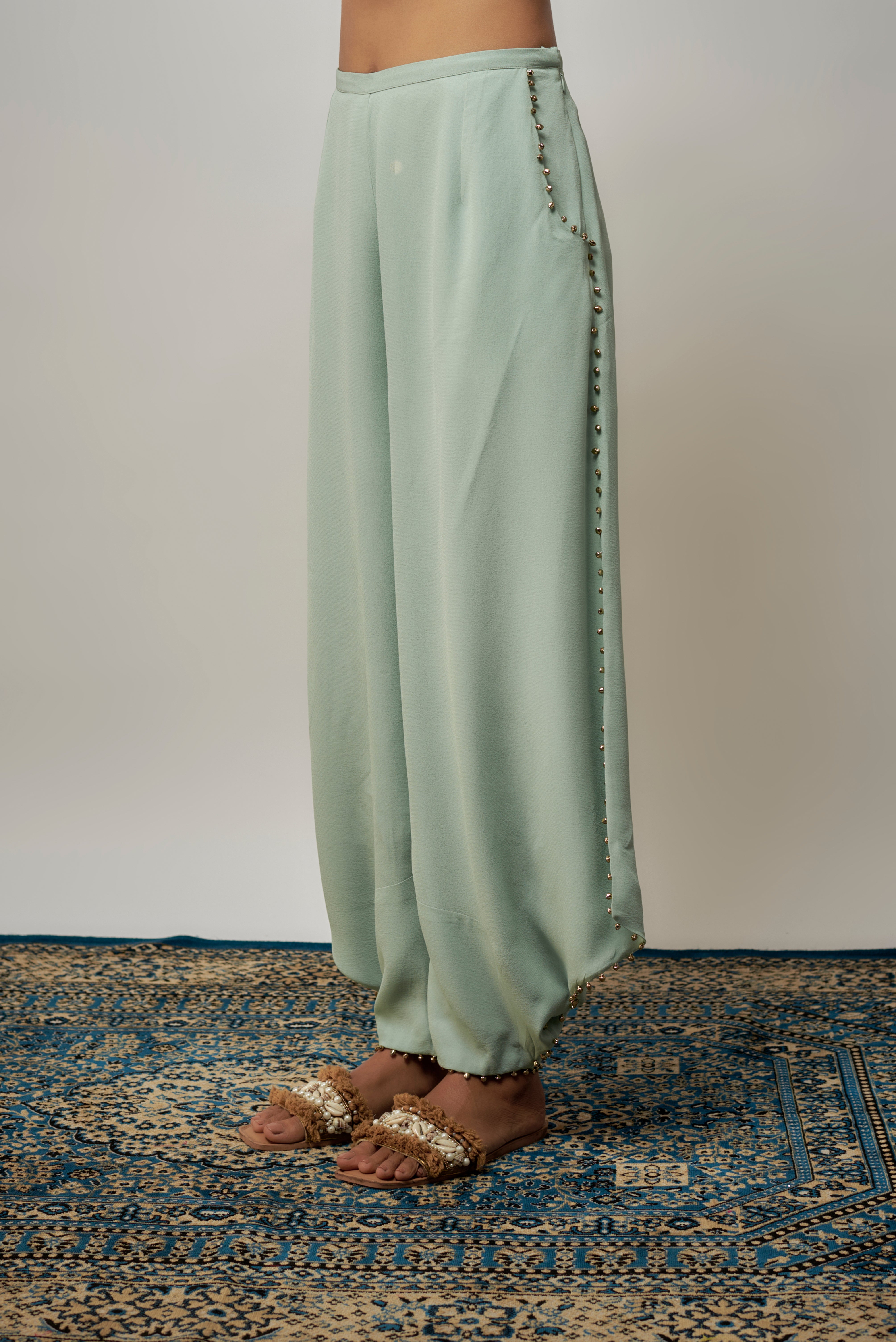 Seafoam Embroidered Yoke Kaftan With Pant