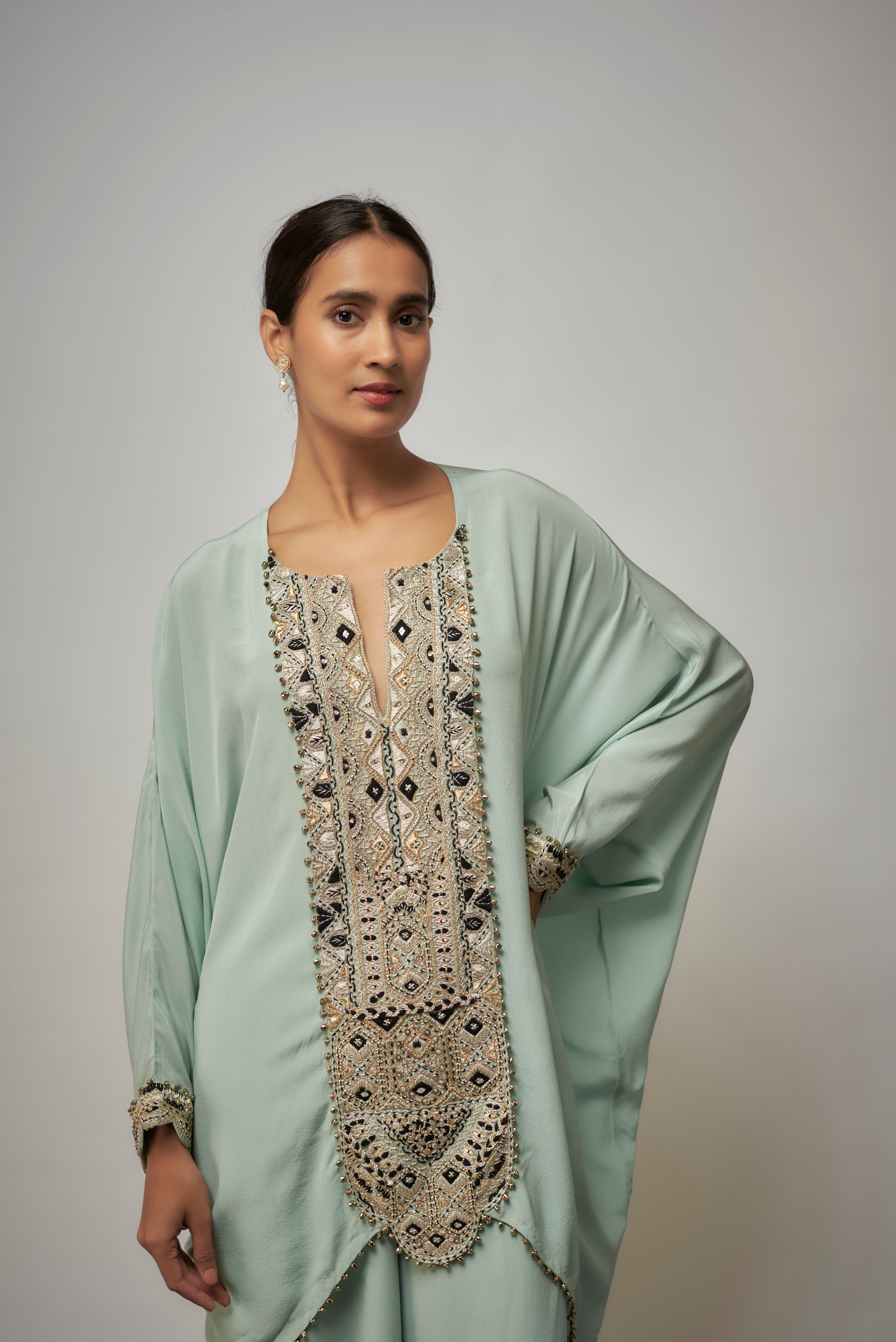 Seafoam Embroidered Yoke Kaftan With Pant