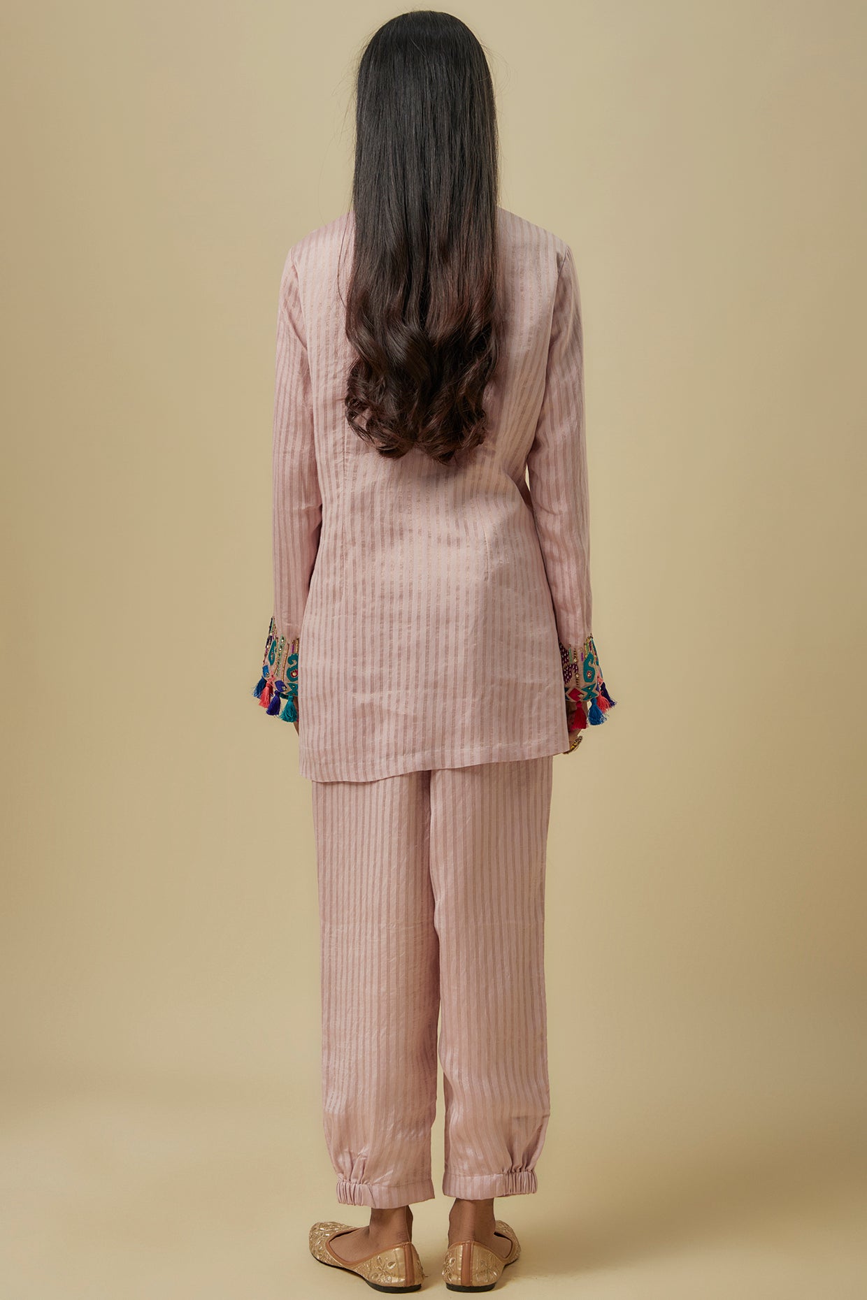 Onion Pink Stripes Chanderi Embroidered Yoke Short Kurta And Jogger Pants With Mukaish Net Dupatta.
