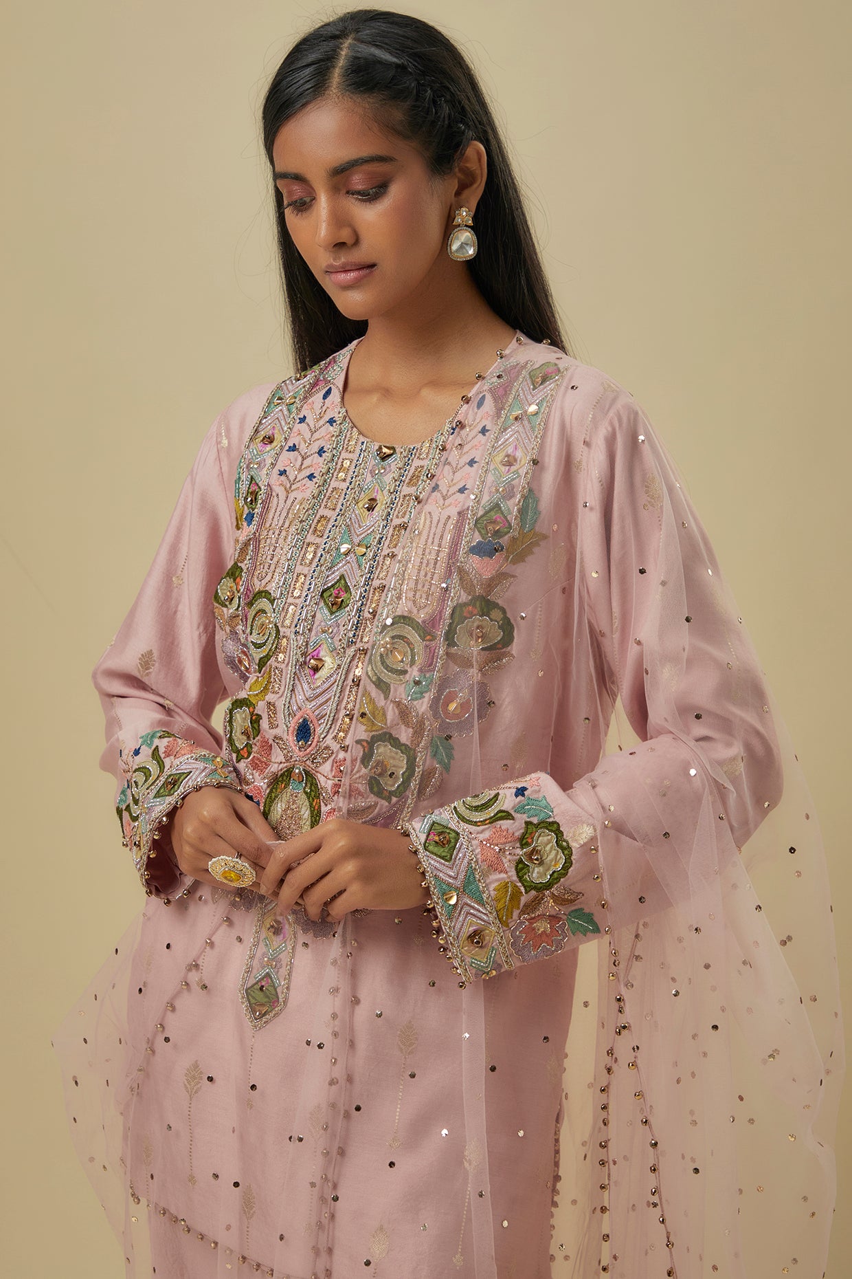 Onion Pink Brocade Butti Embroidered Yoke Kurta And Jogger Pant With Mukaish Net Dupatta.
