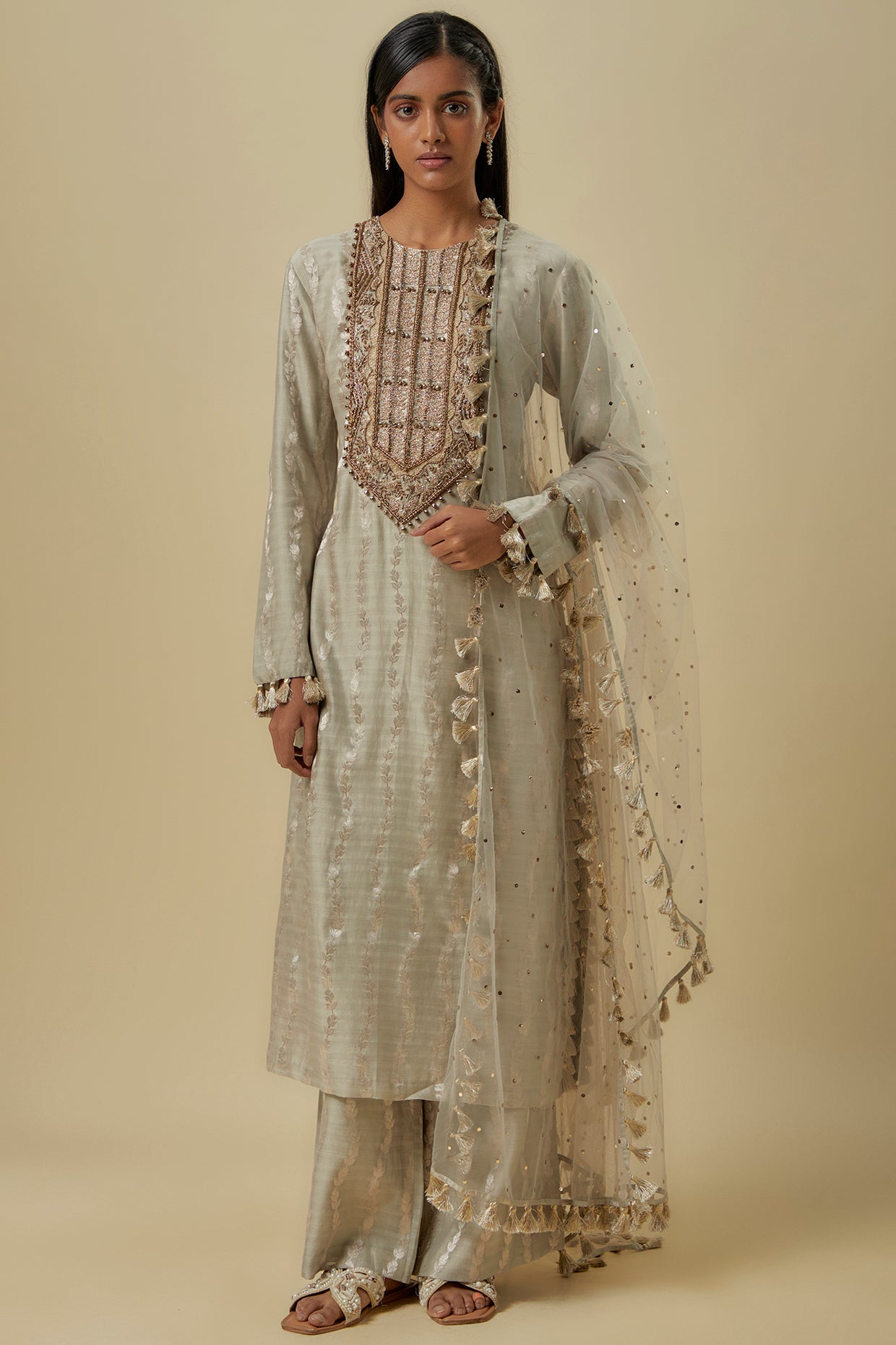 Grey Leaf Brocade Silk Embroidered Yoke Kurta With Palazzo And Mukaish Net Dupattta.