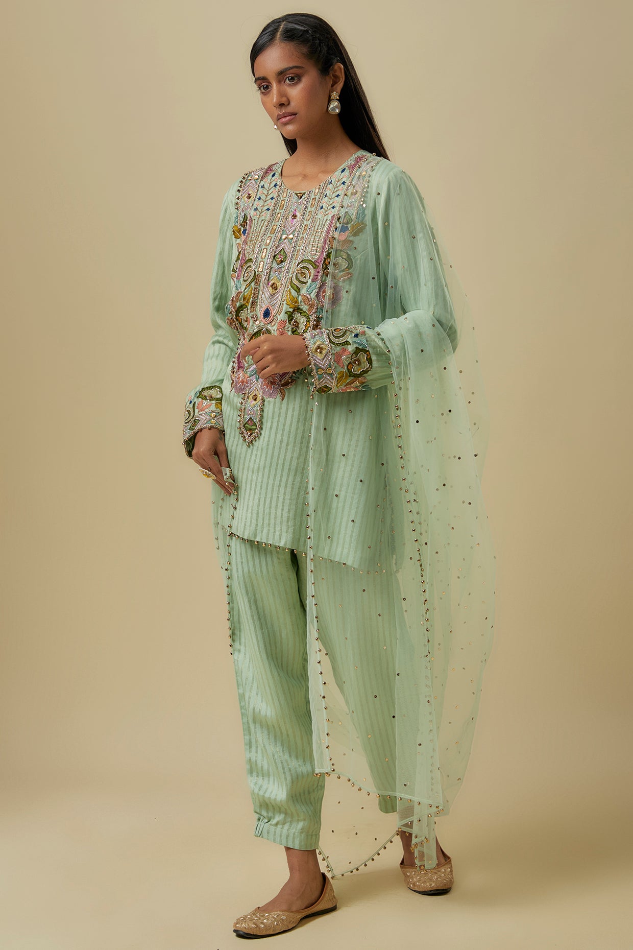 Mint Chanderi Gold Stripe Embroidered Yoke Kurta With Jogger Pants And Net Dupatta.