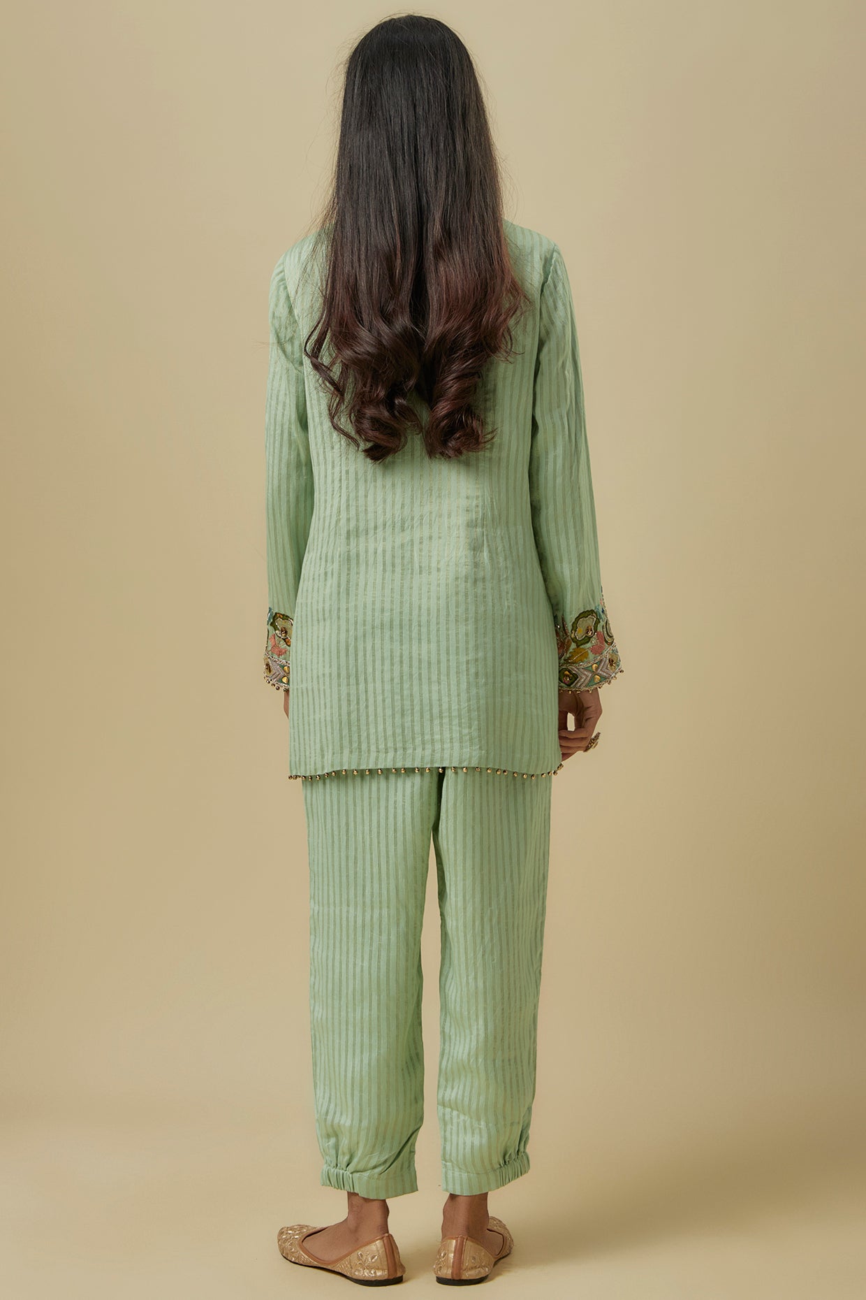 Mint Chanderi Gold Stripe Embroidered Yoke Kurta With Jogger Pants And Net Dupatta.