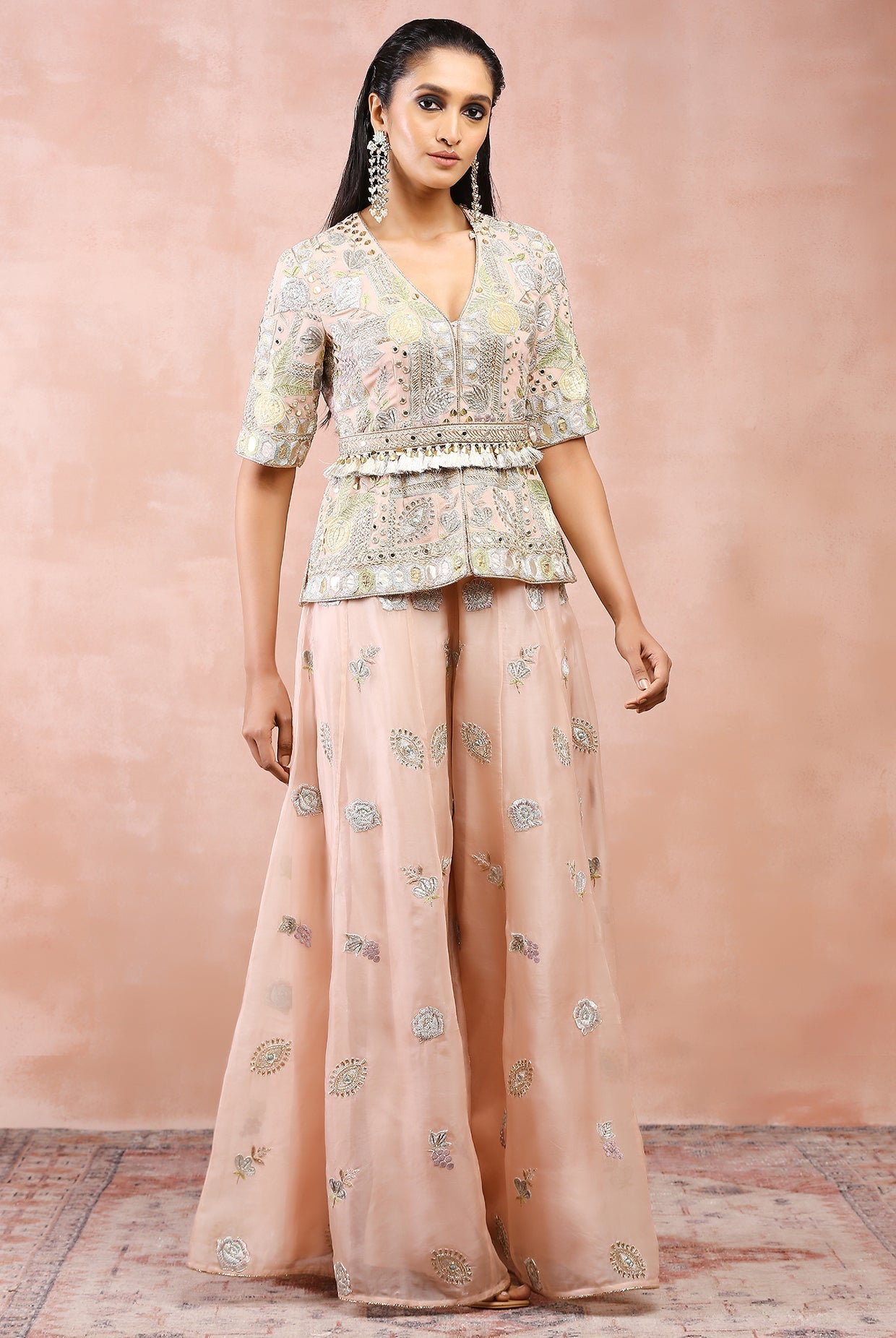ROSE PINK APPLIQUE EMBROIDERD SHORT KURTA WITH BELT AND ORGANZA SHARARA