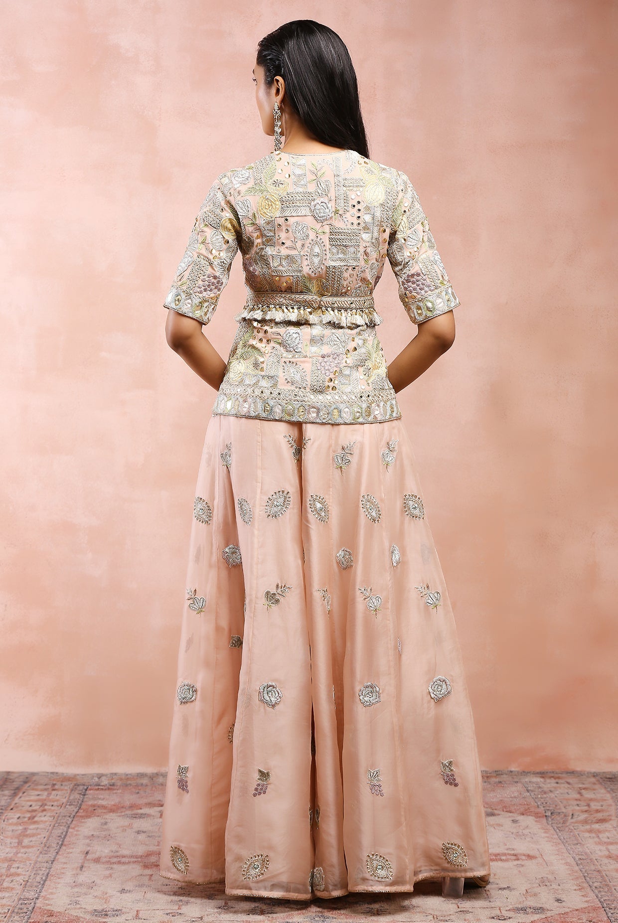ROSE PINK APPLIQUE EMBROIDERD SHORT KURTA WITH BELT AND ORGANZA SHARARA