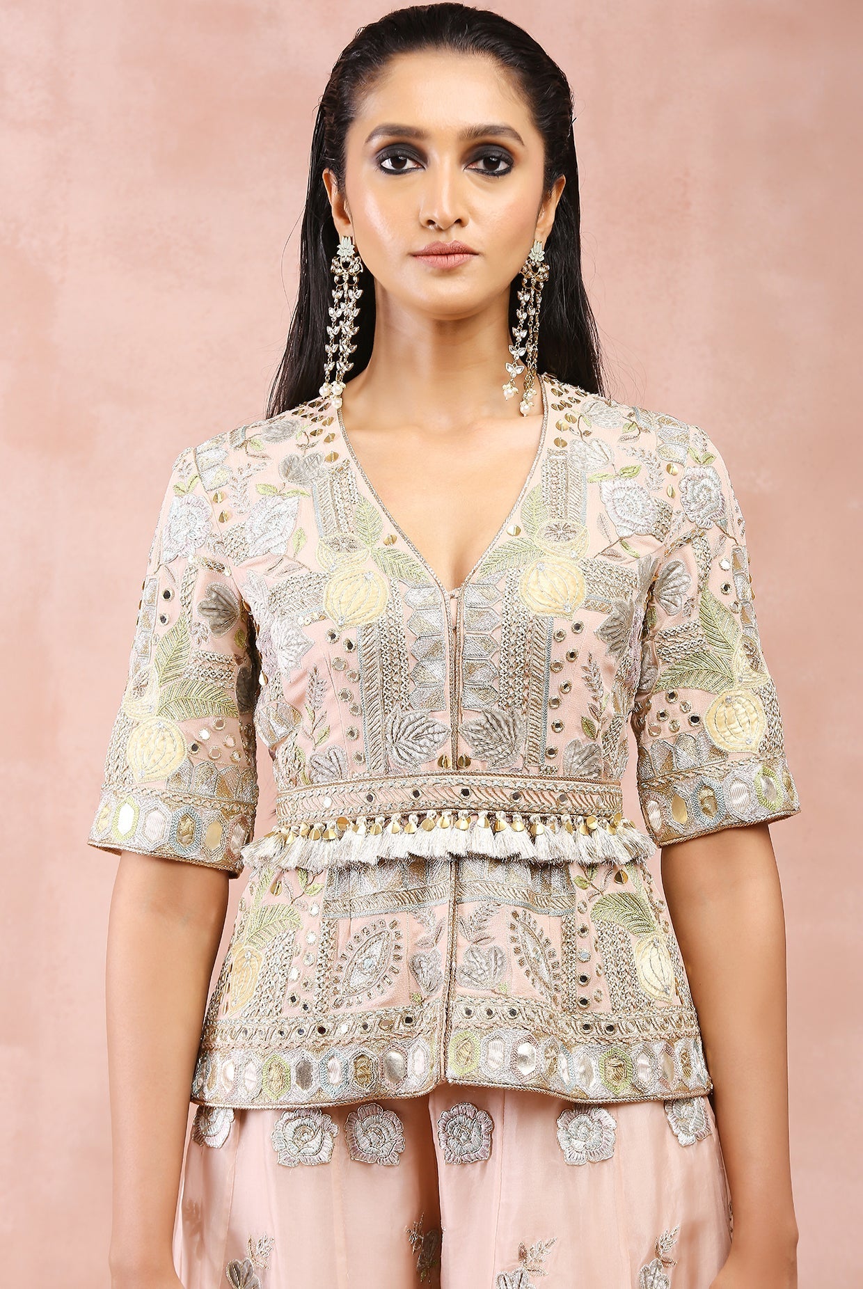 ROSE PINK APPLIQUE EMBROIDERD SHORT KURTA WITH BELT AND ORGANZA SHARARA