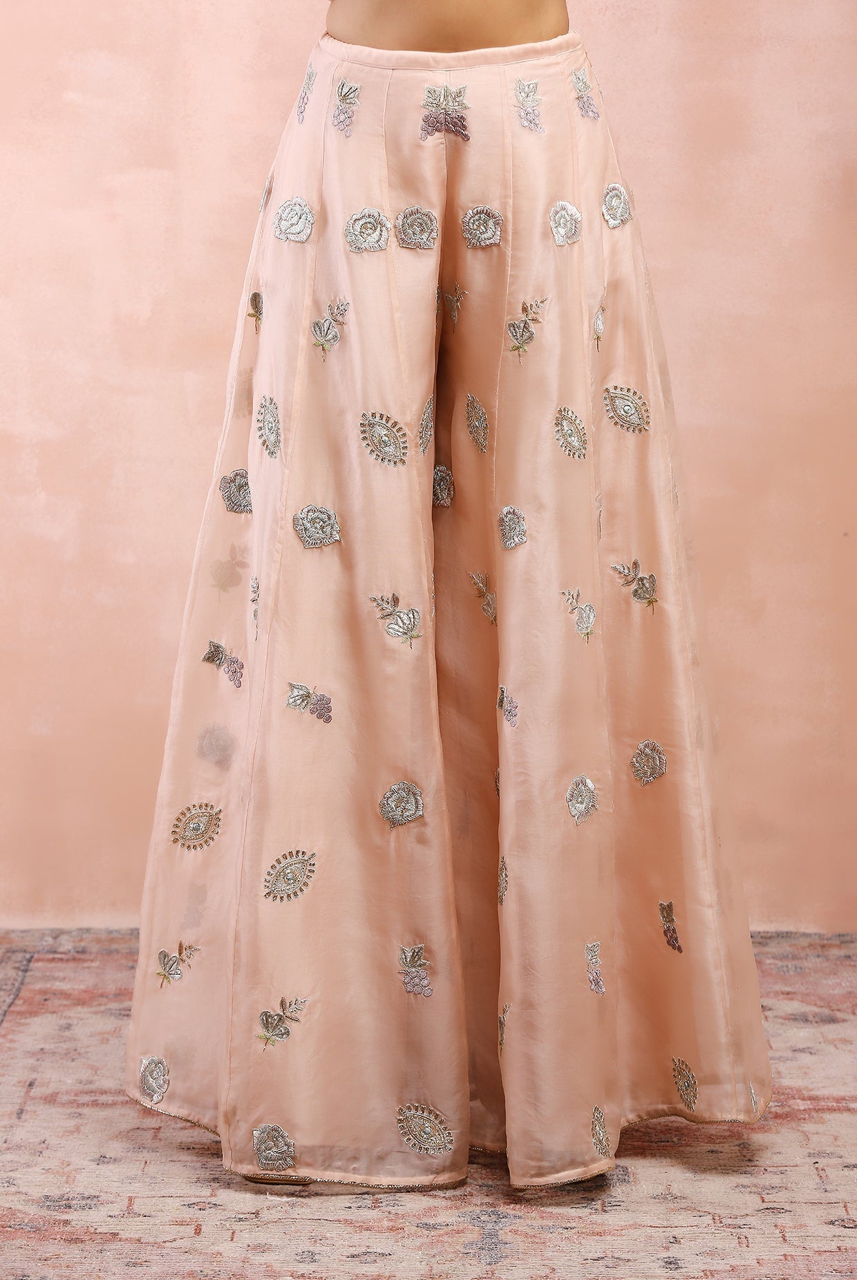 ROSE PINK APPLIQUE EMBROIDERD SHORT KURTA WITH BELT AND ORGANZA SHARARA