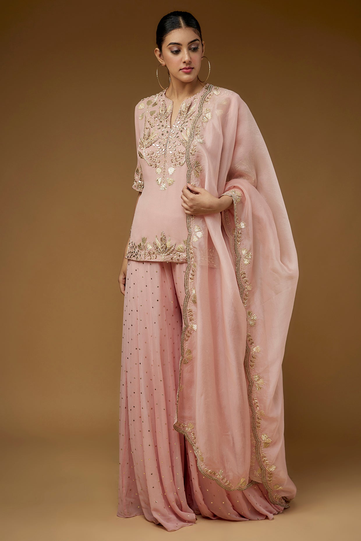 Rose Pink Embroidered Kurta And Sharara With Embroidered Dupatta