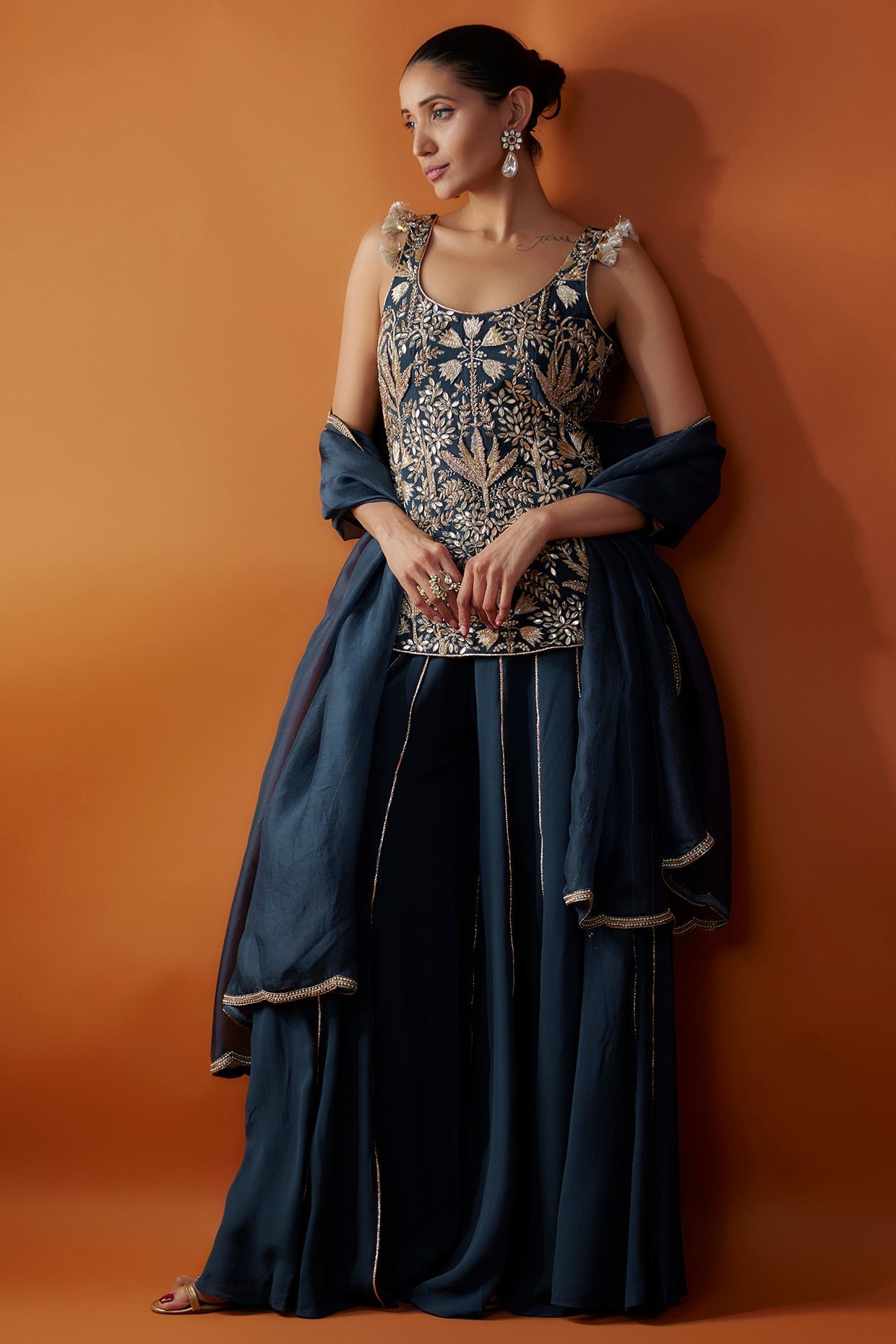 Navy Embroidered Kurta And Sharara With Dupatta