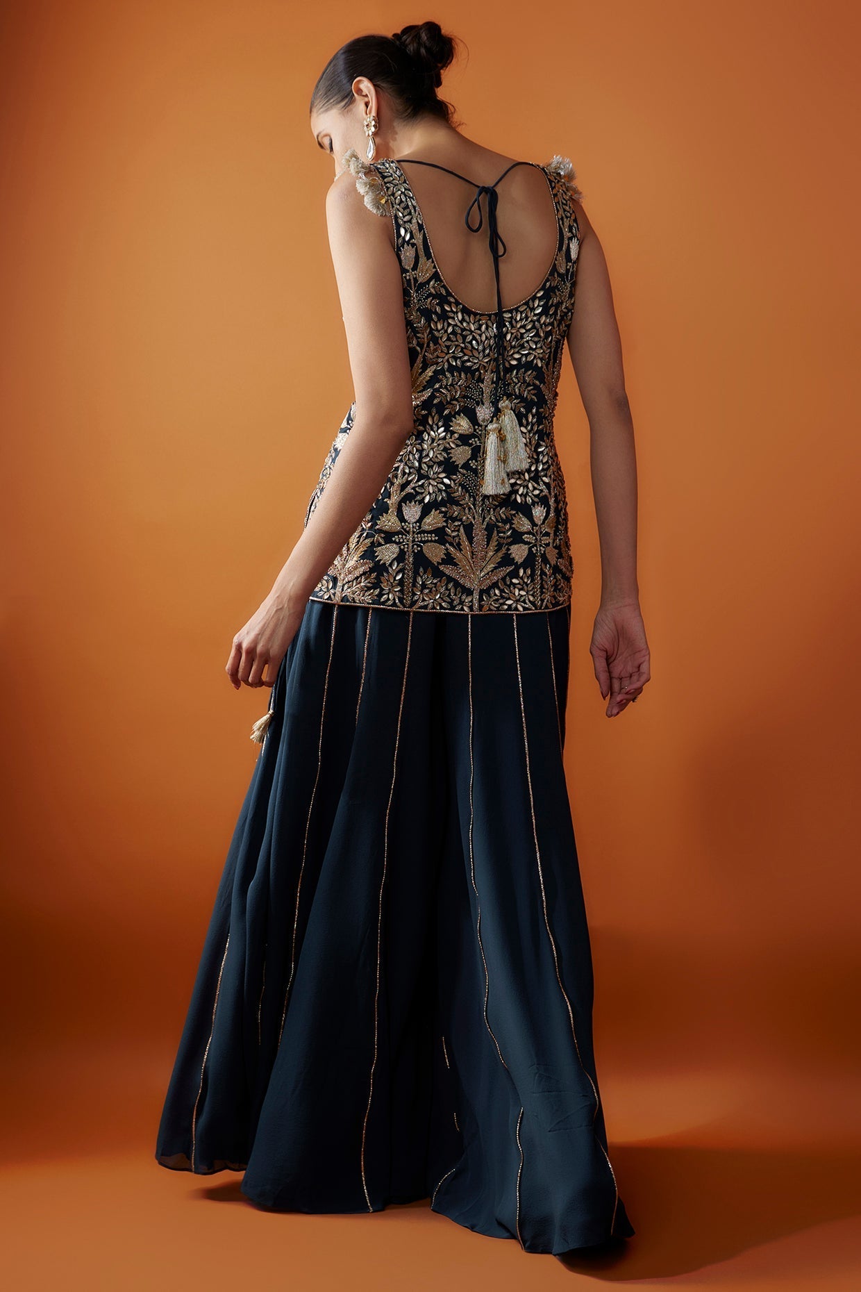 Navy Embroidered Kurta And Sharara With Dupatta