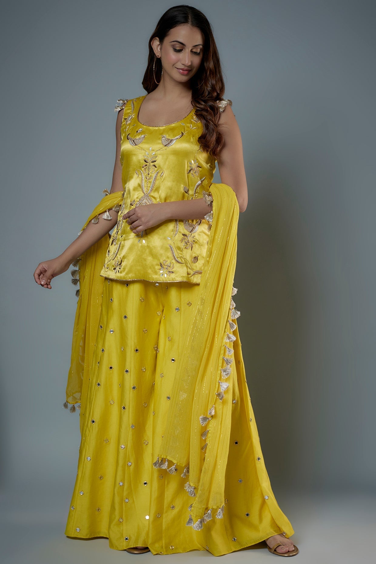 Lime Green Embroidered Kurta And Embroidered Sharara With Dupatta