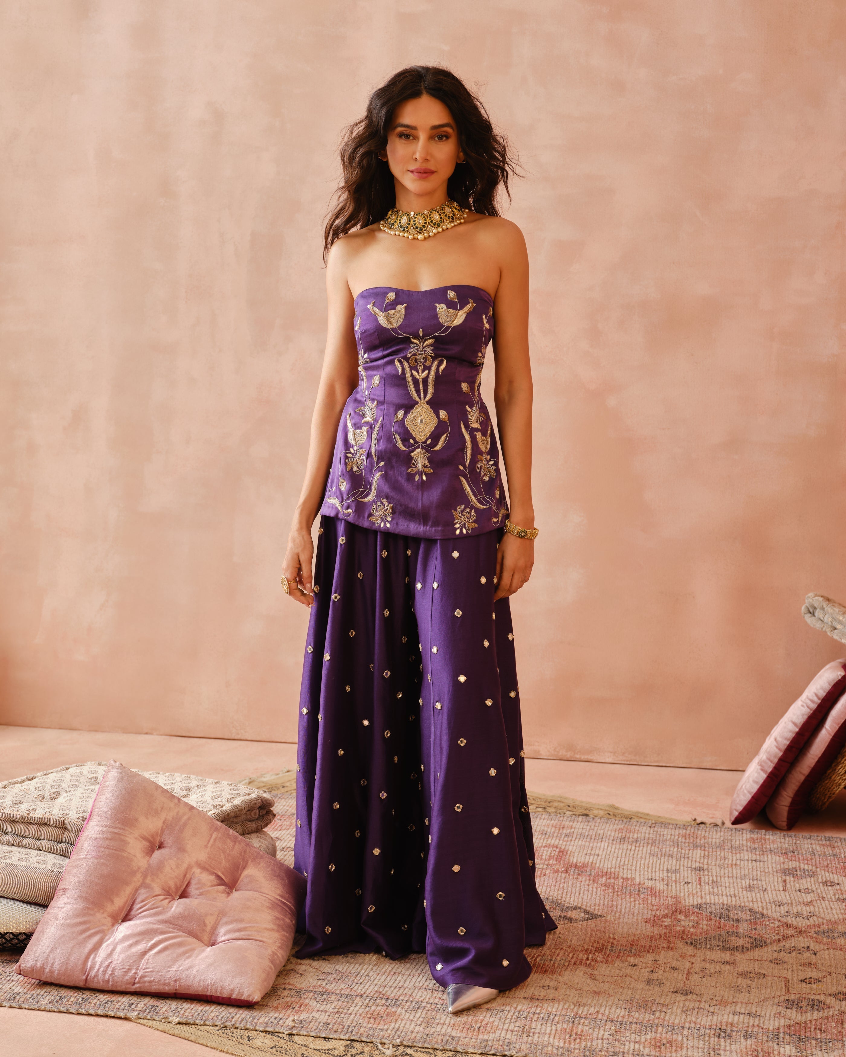 PURPLE EMBROIDERED TUBE BACKLESS KURTA WITH SHARARA AND DUPATTA