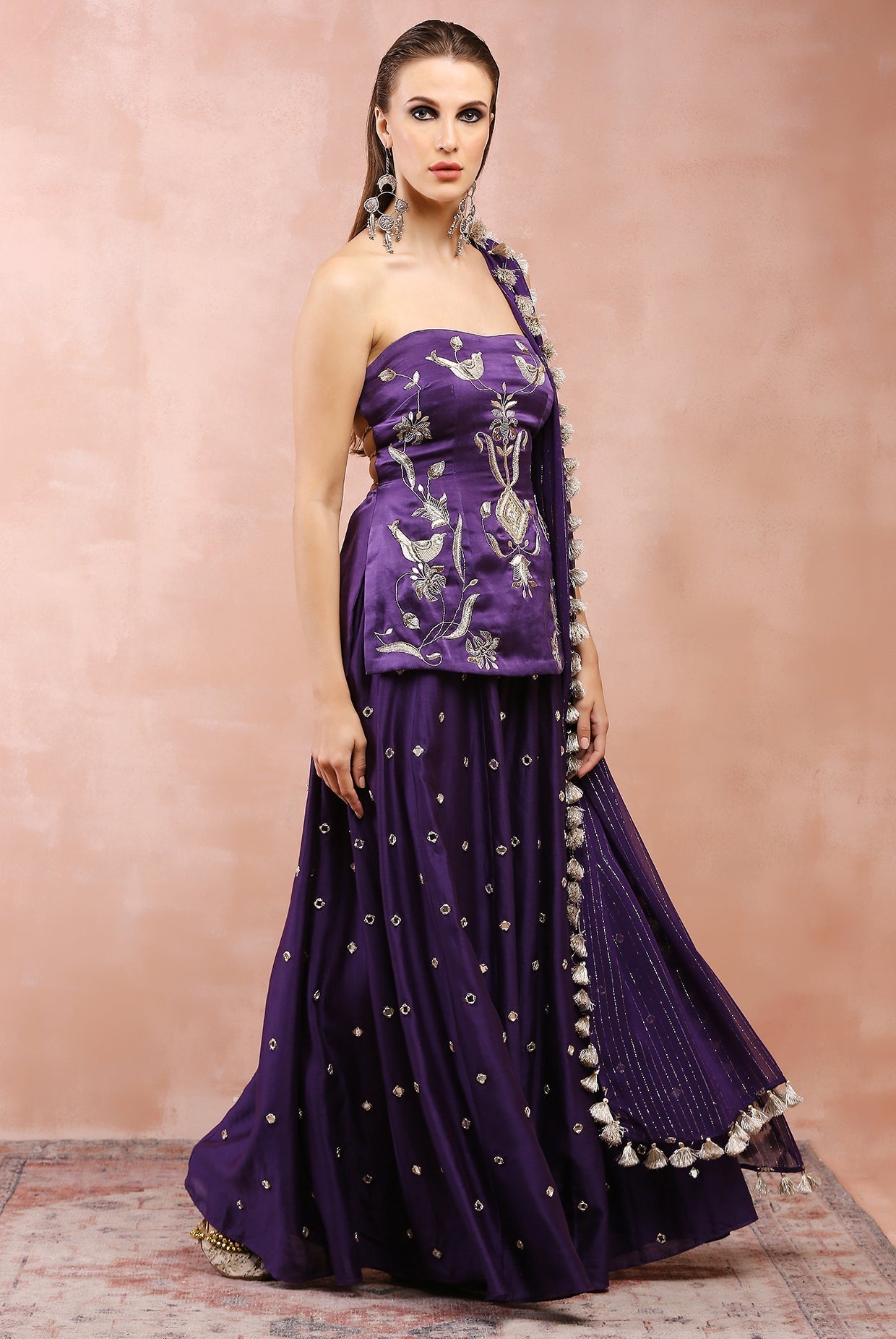PURPLE EMBROIDERED TUBE BACKLESS KURTA WITH SHARARA AND DUPATTA