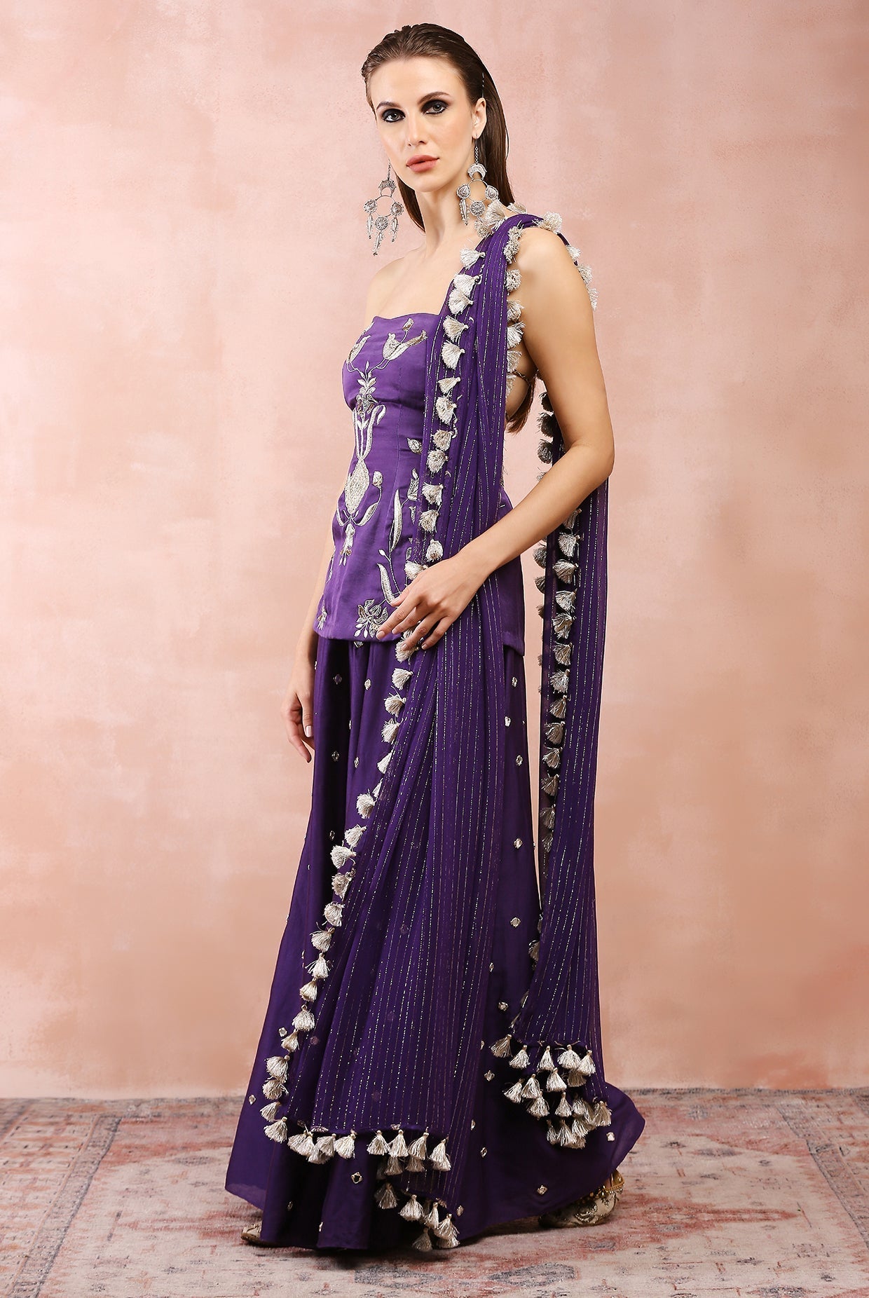 PURPLE EMBROIDERED TUBE BACKLESS KURTA WITH SHARARA AND DUPATTA