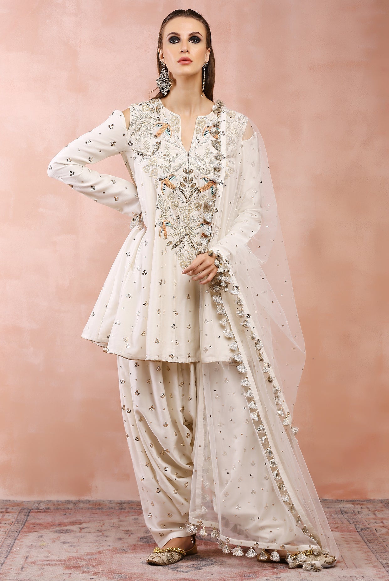 Off white embroidered kalidar kurta with salwaar and dupatta