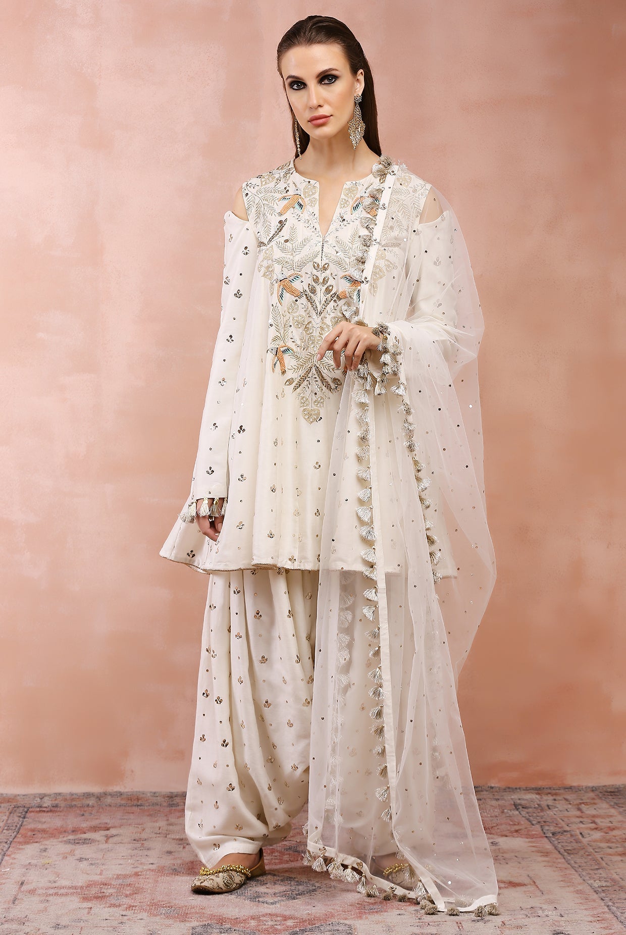 Off white embroidered kalidar kurta with salwaar and dupatta