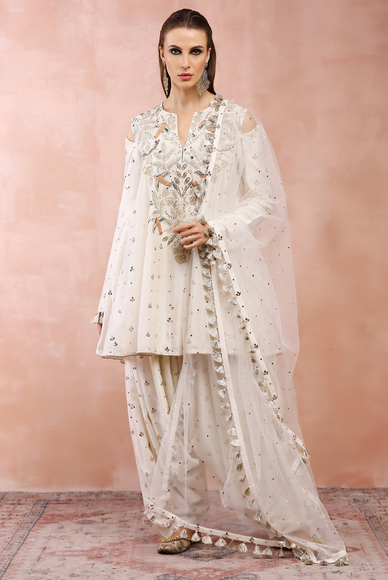 Off white embroidered kalidar kurta with salwaar and dupatta