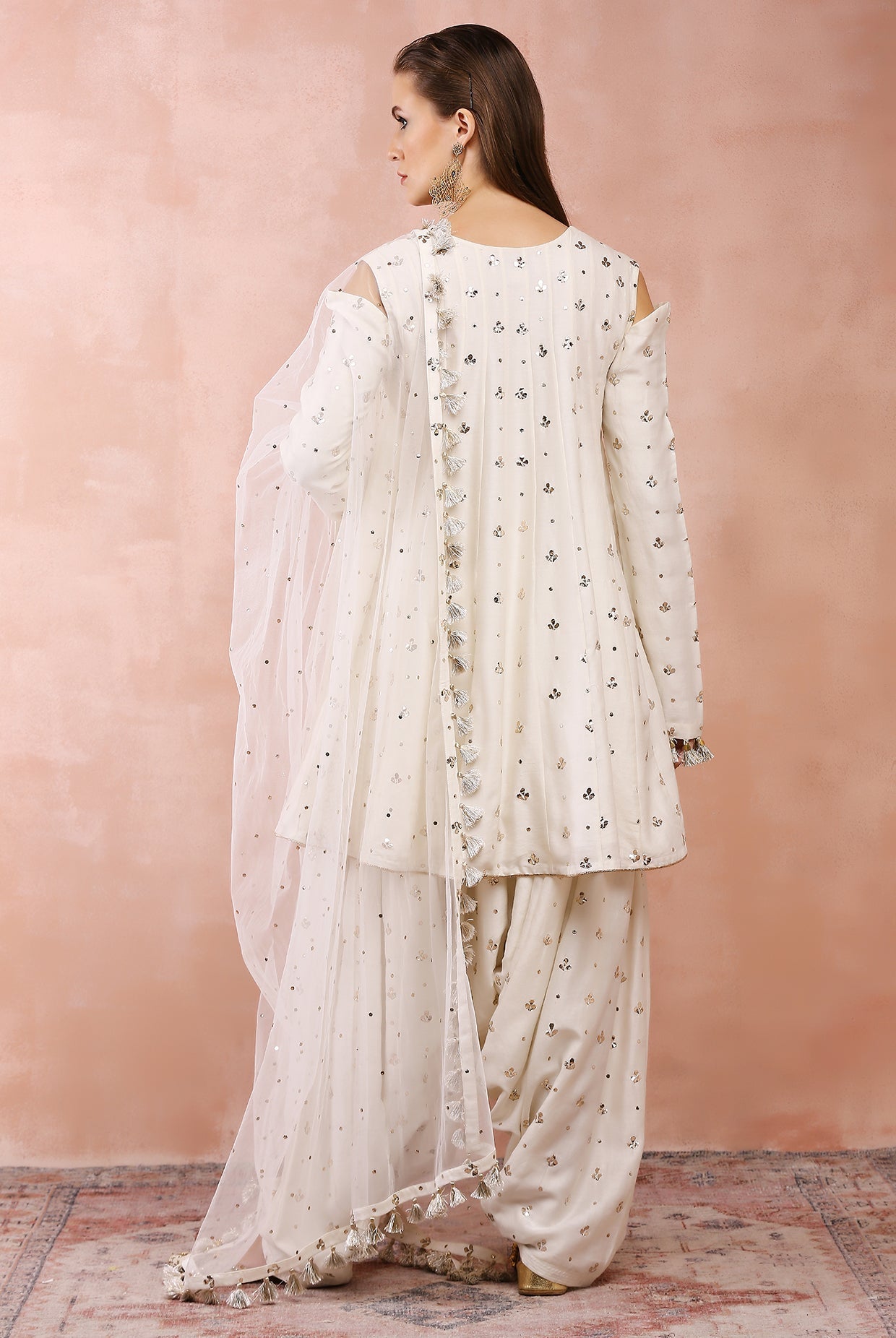 Off white embroidered kalidar kurta with salwaar and dupatta
