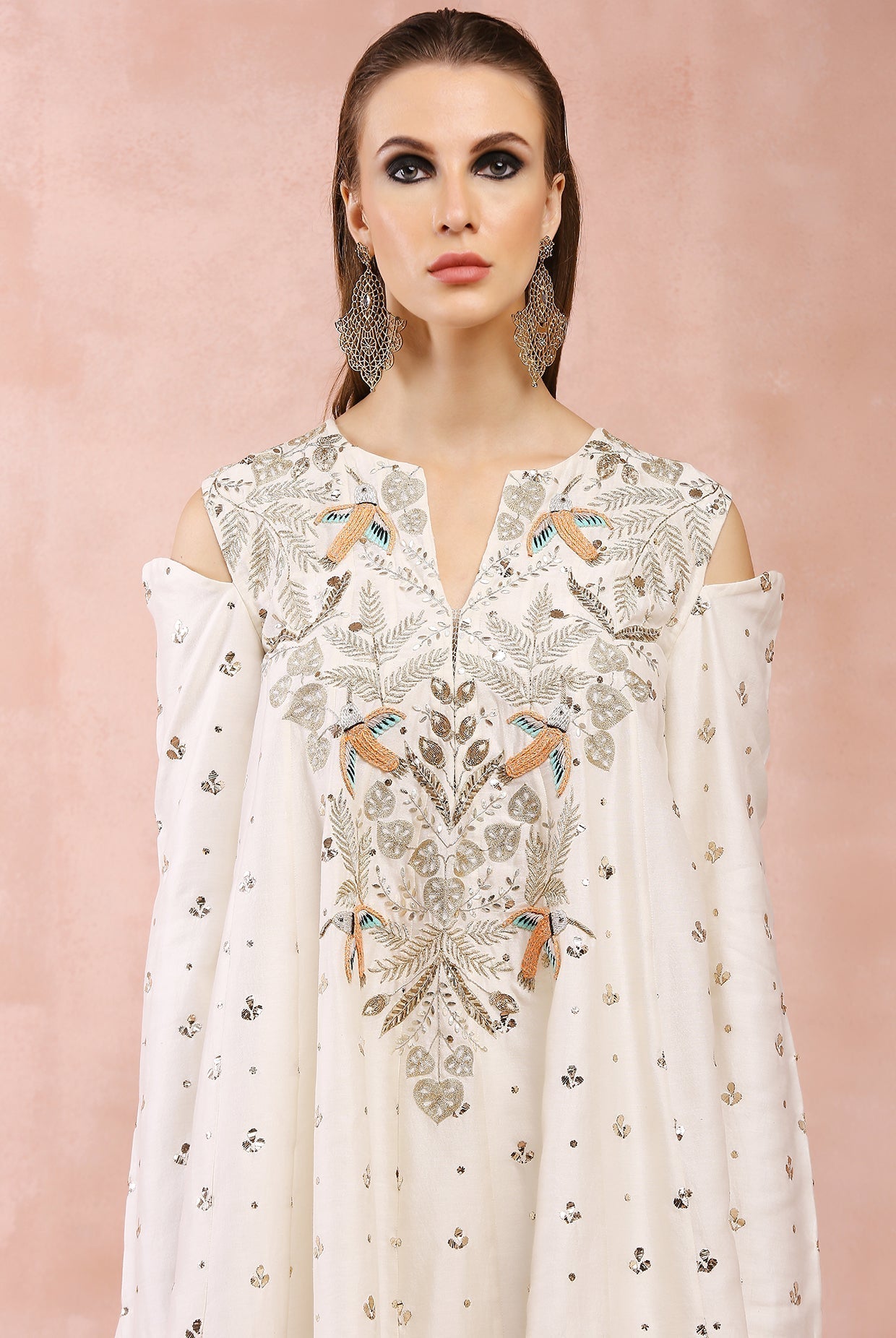 Off white embroidered kalidar kurta with salwaar and dupatta