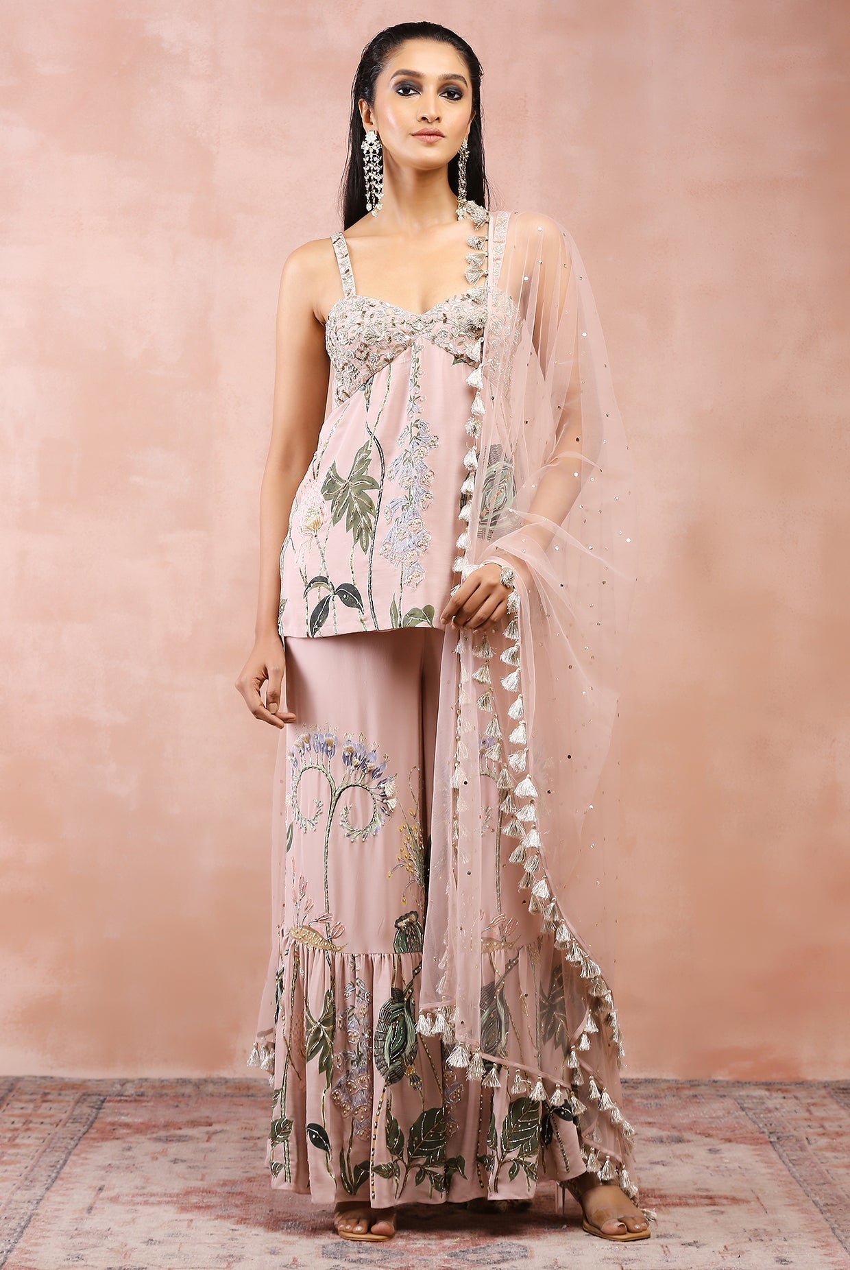 Rose pink niloufar print embroidered kurta with sharara and dupatta