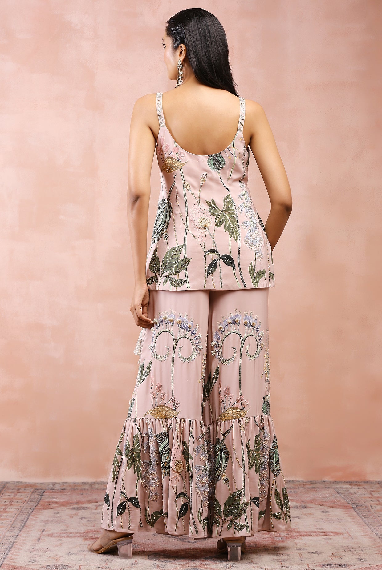 Rose pink niloufar print embroidered kurta with sharara and dupatta