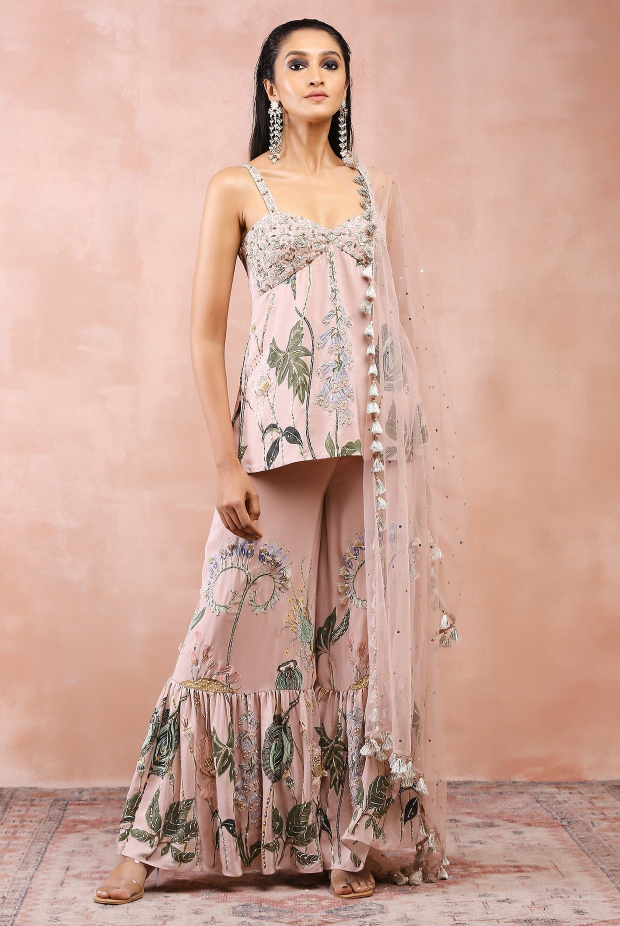 Rose pink niloufar print embroidered kurta with sharara and dupatta