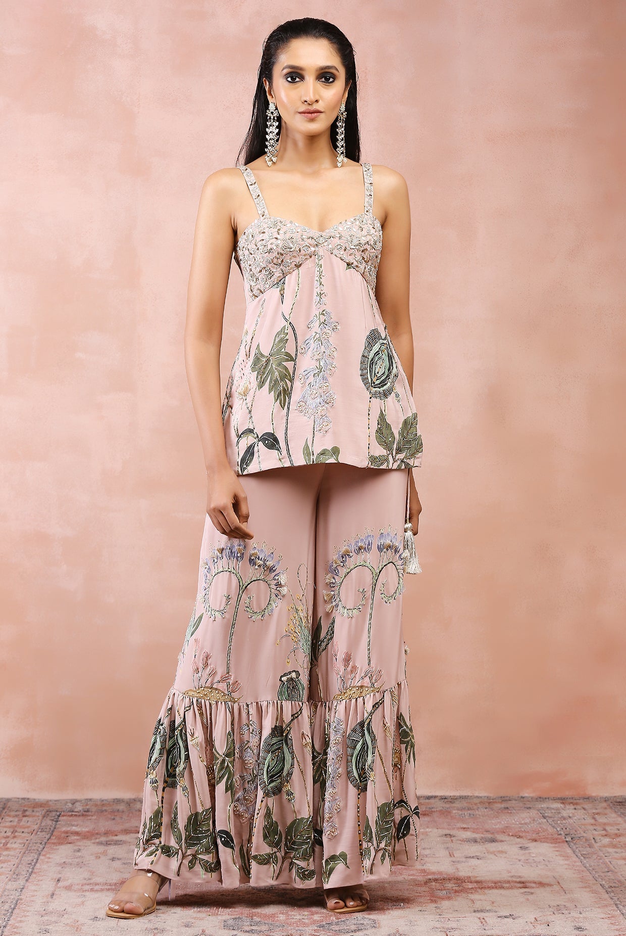 Rose pink niloufar print embroidered kurta with sharara and dupatta