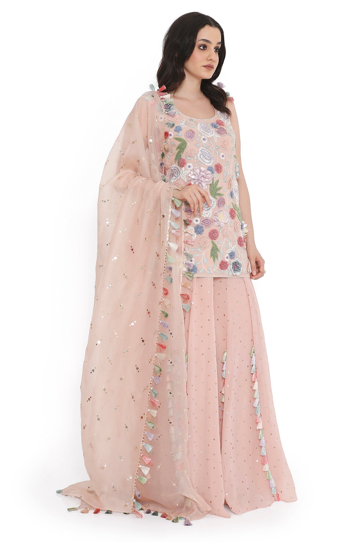 Rose Pink Embroidered Kurta With Sharara And Dupattta