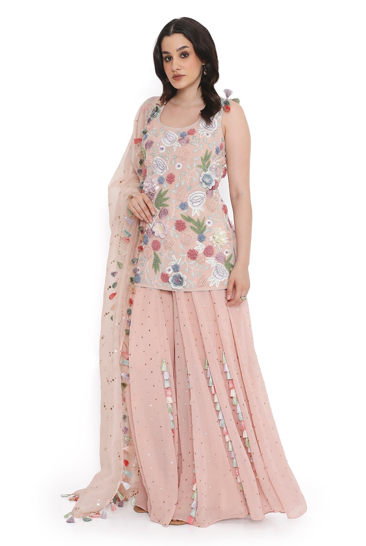 Rose Pink Embroidered Kurta With Sharara And Dupattta