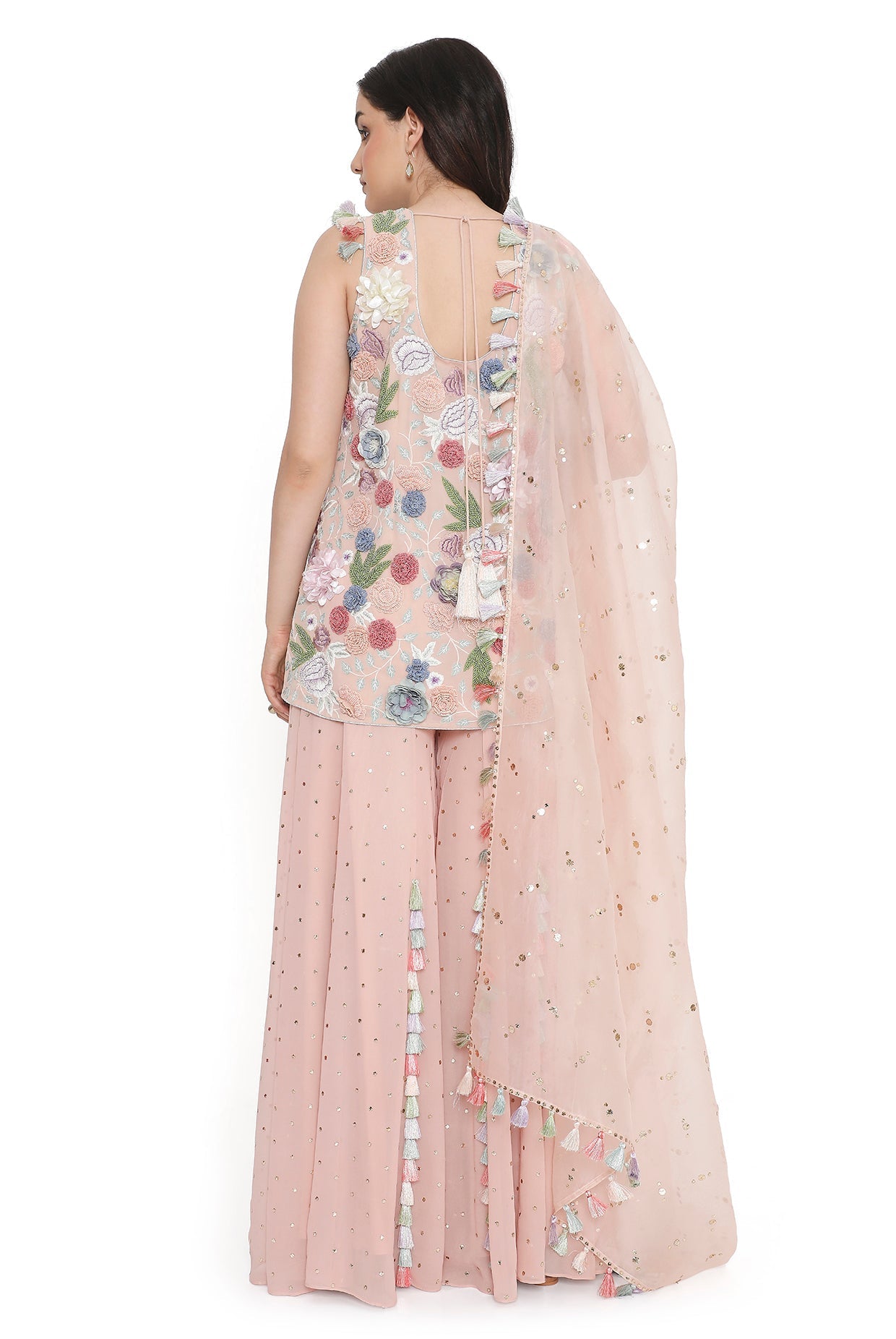 Rose Pink Embroidered Kurta With Sharara And Dupattta