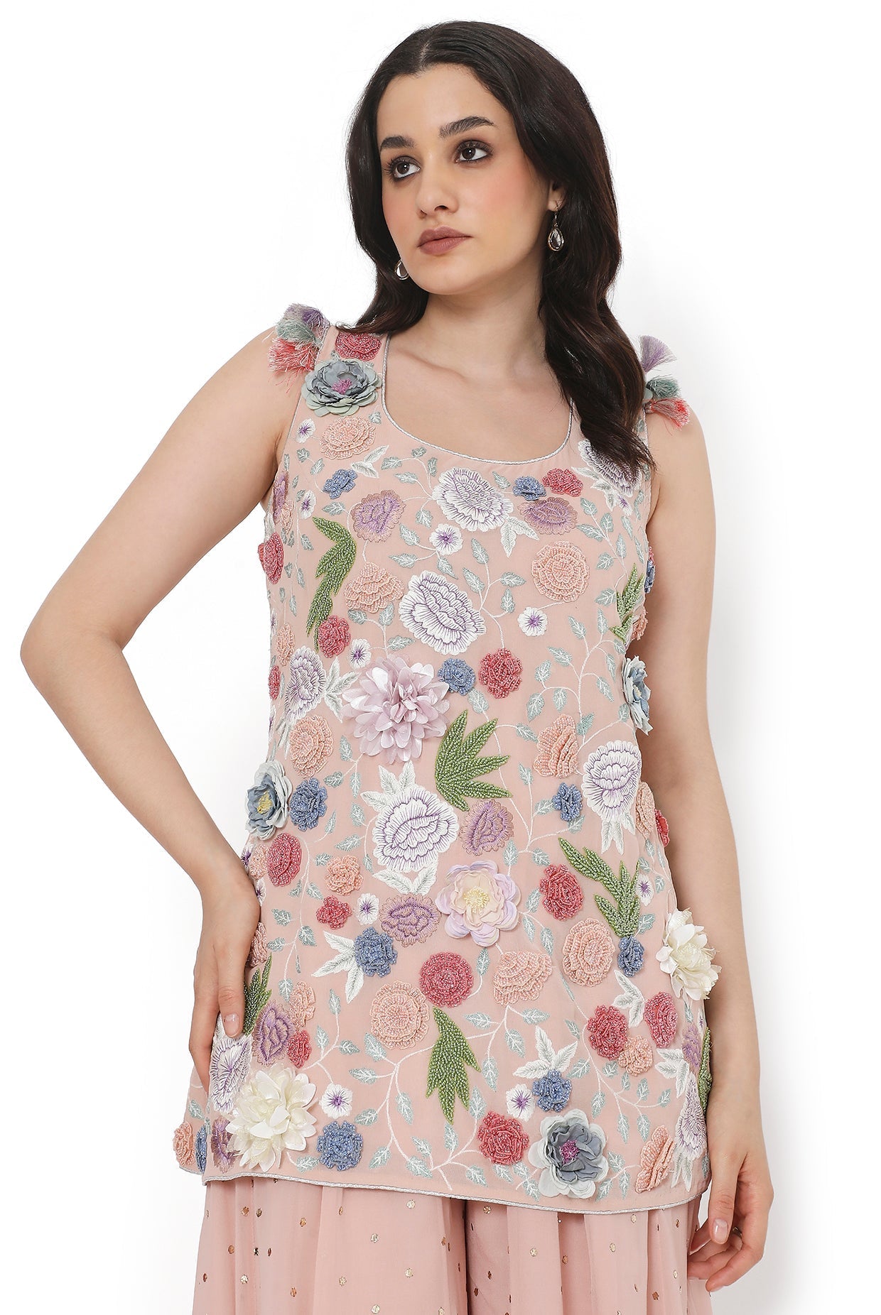Rose Pink Embroidered Kurta With Sharara And Dupattta