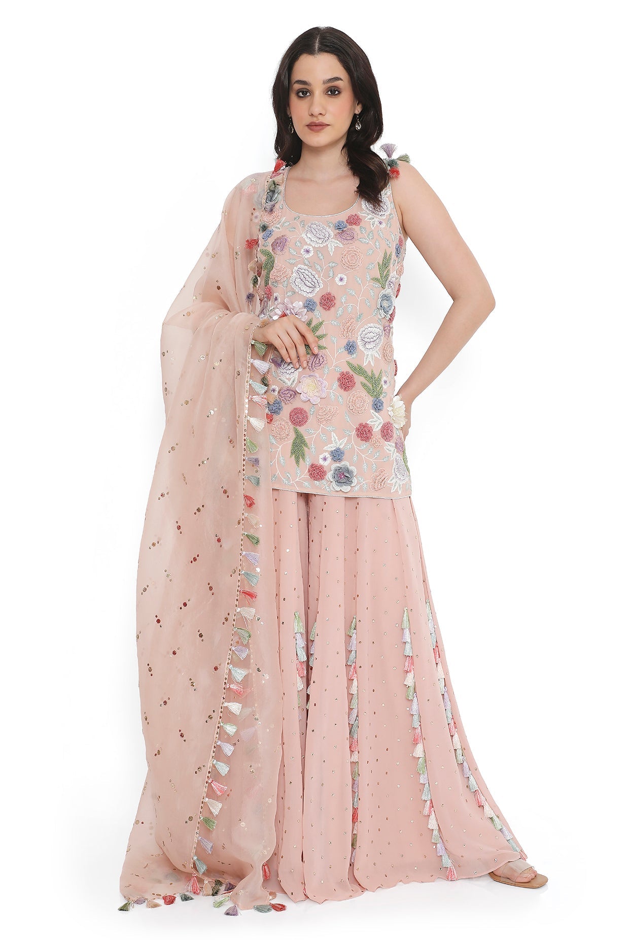 Rose Pink Embroidered Kurta With Sharara And Dupattta