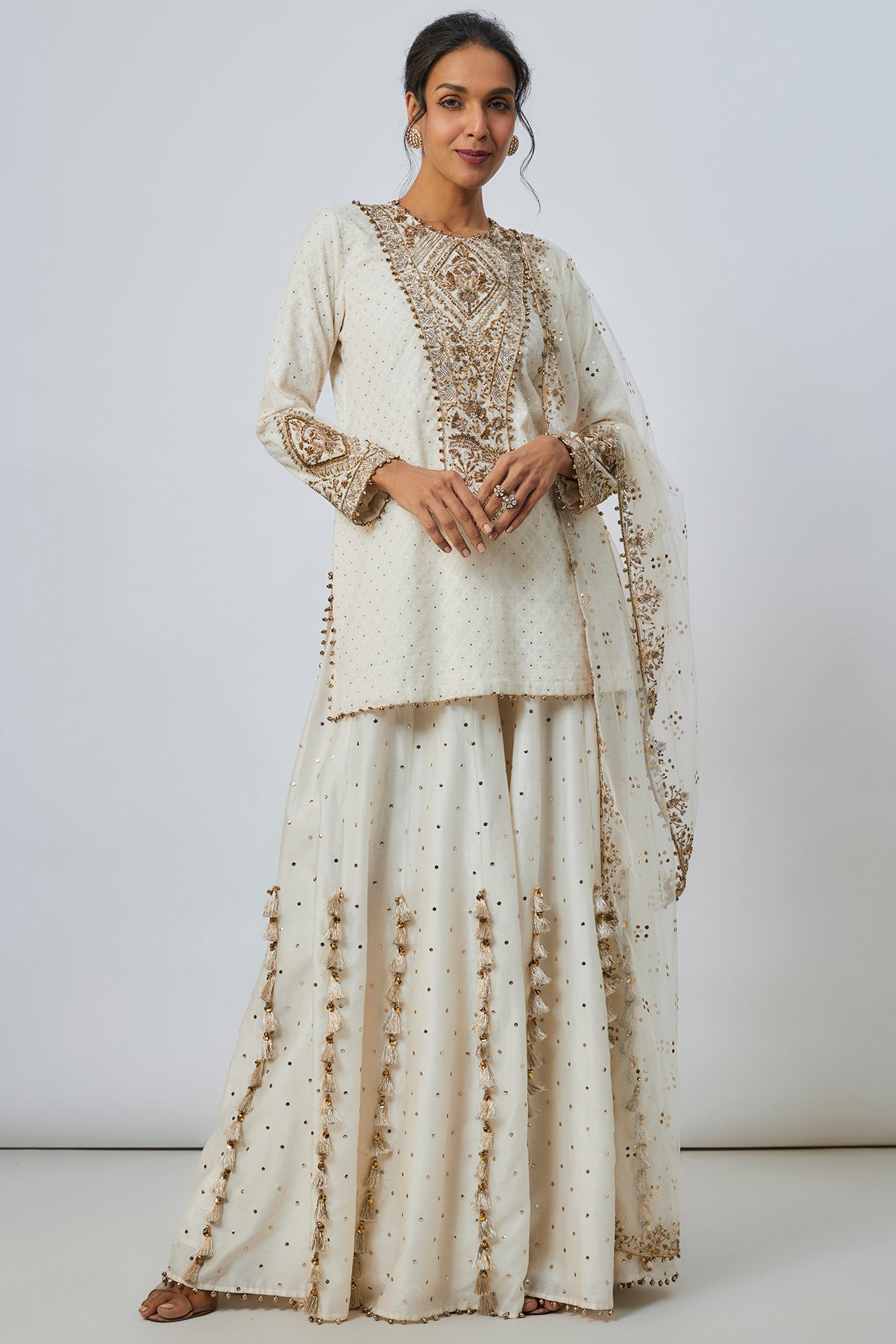 Off White Embroidered Kurta And Sharara With Embroidered Dupatta