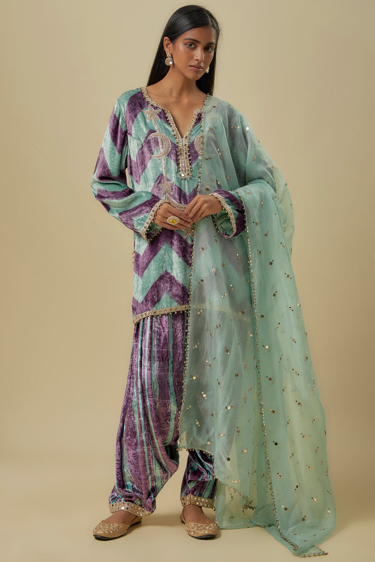 Mint Green And Purple Chevron Printed Embroidered Velvet Kurta With Embroidered Patiala Salwaar And Mukaish Organza Dupatta.