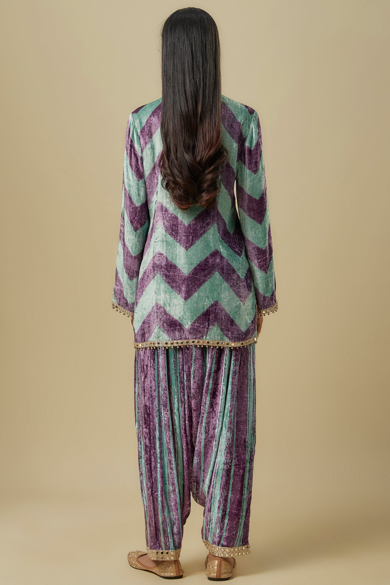 Mint Green And Purple Chevron Printed Embroidered Velvet Kurta With Embroidered Patiala Salwaar And Mukaish Organza Dupatta.