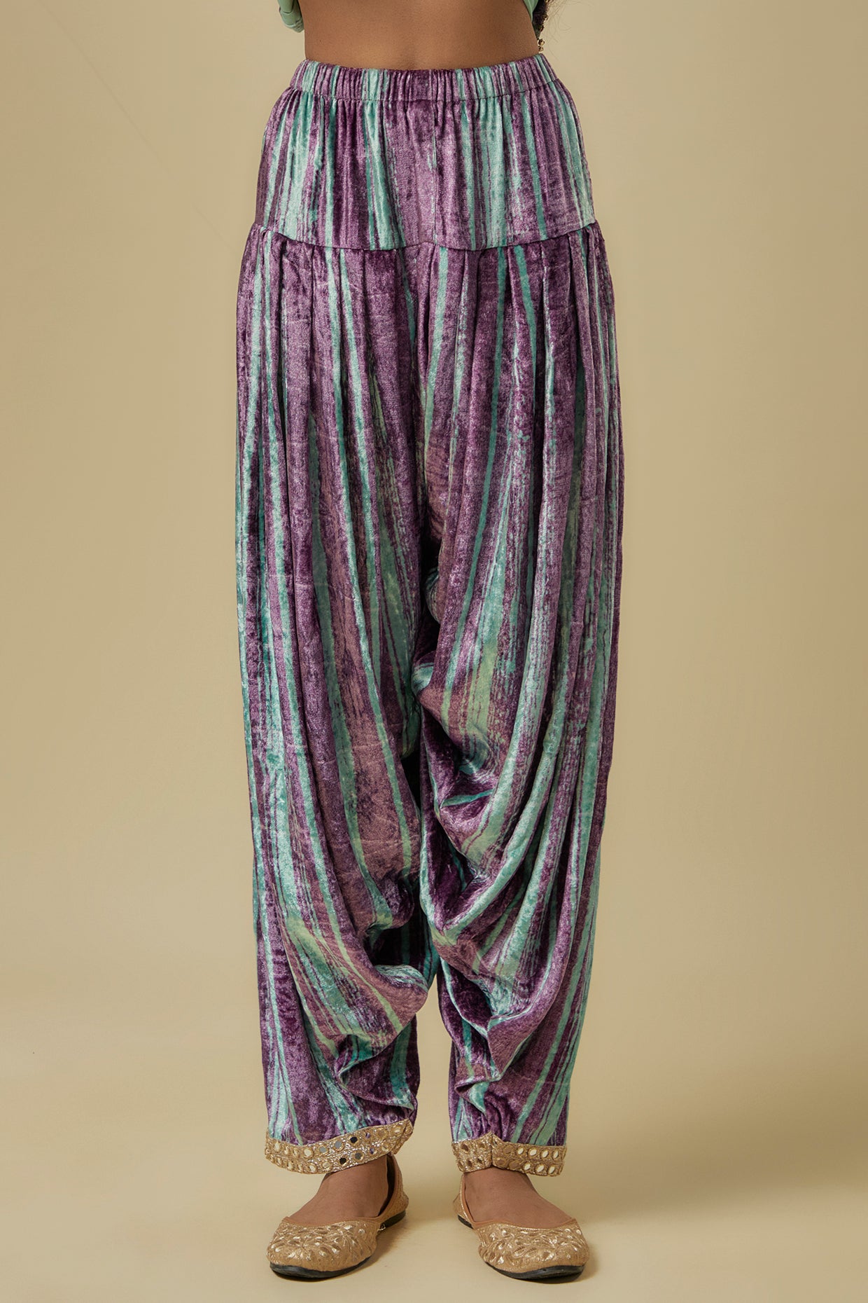 Mint Green And Purple Chevron Printed Embroidered Velvet Kurta With Embroidered Patiala Salwaar And Mukaish Organza Dupatta.