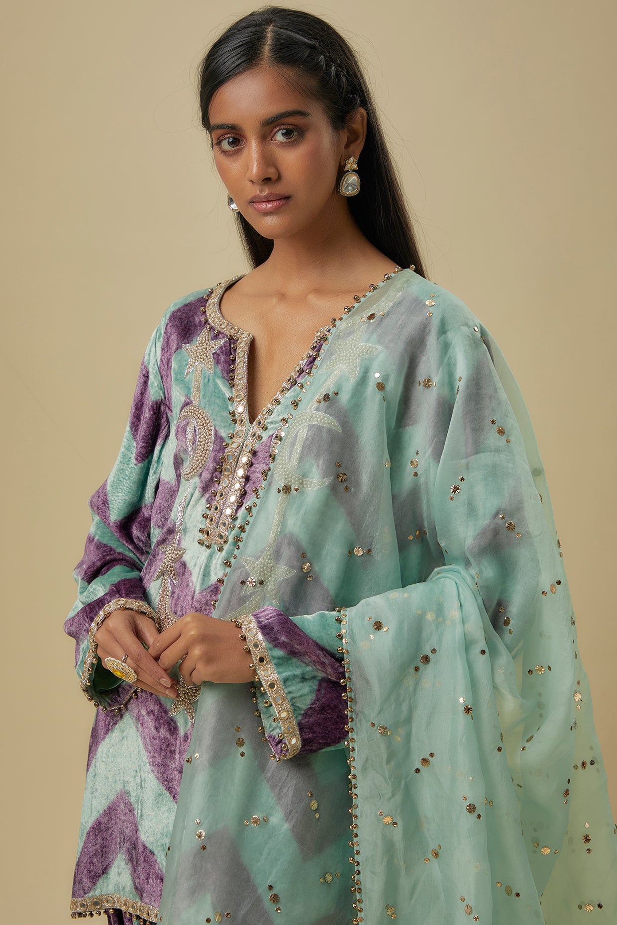 Mint Green And Purple Chevron Printed Embroidered Velvet Kurta With Embroidered Patiala Salwaar And Mukaish Organza Dupatta.