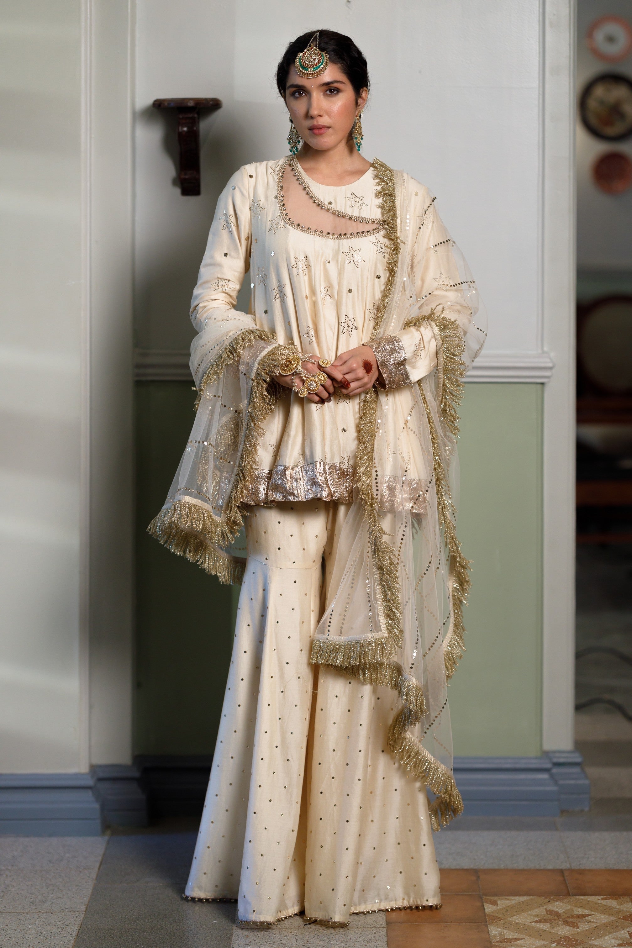 Afreen Stone Mukaish Silkmul Embroidered Kurta And Heavy Mukaish Silkmul Sharara With Mukaish Net Dupatta