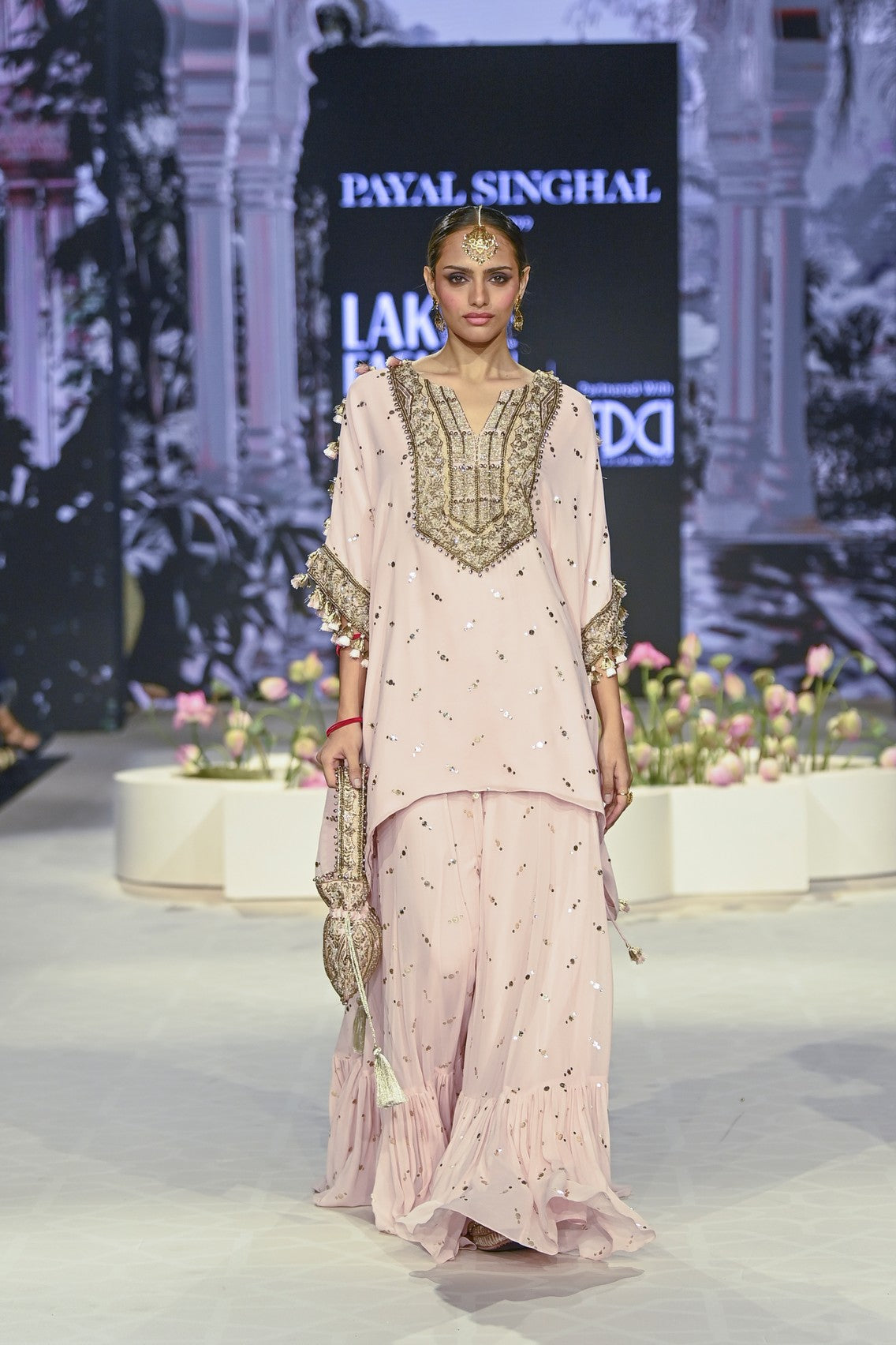 Shahnaaz Blush Pink Embroidered Kurta With Frill Sharara