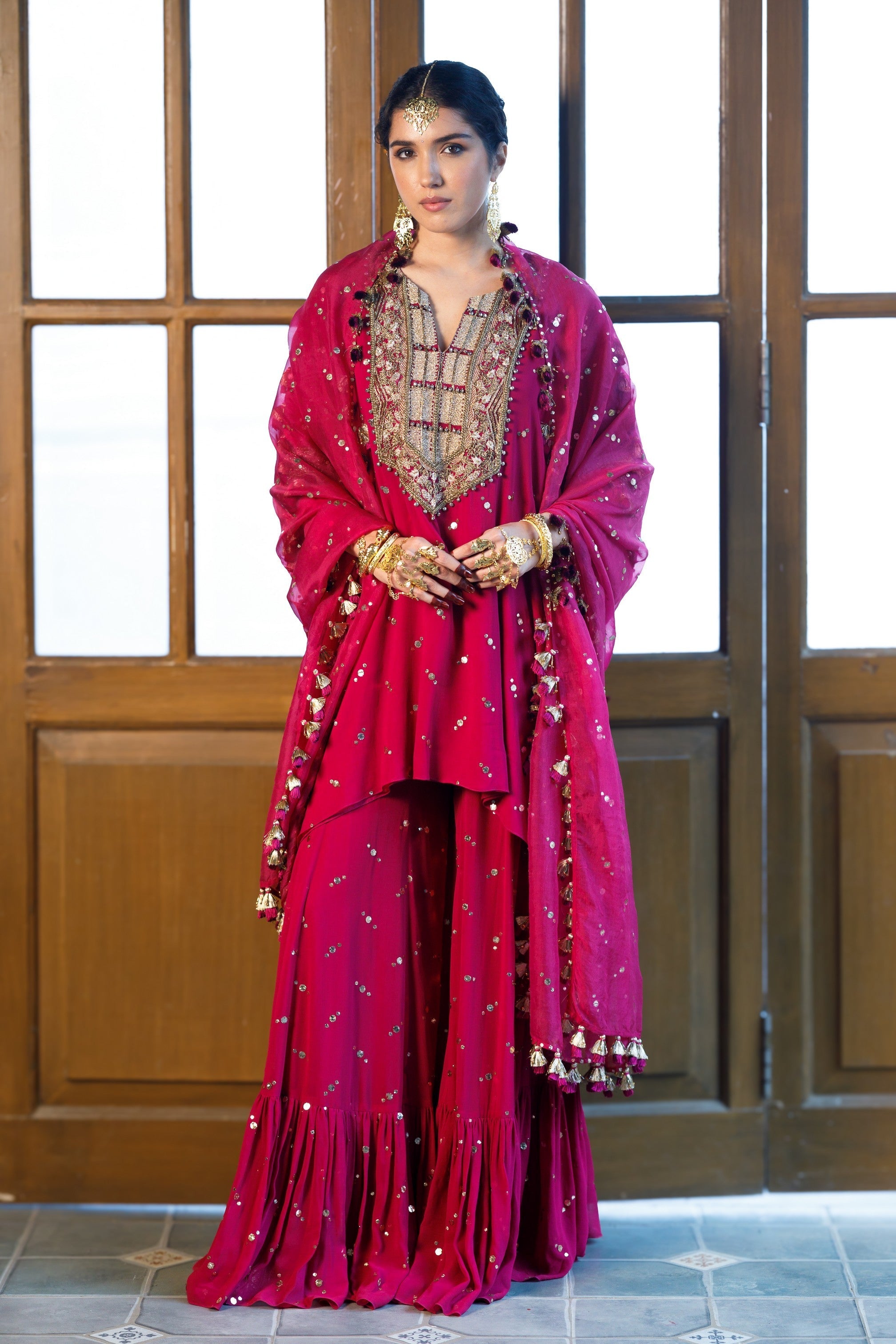 Magenta Pink Embroidered Kaftan And Frill Sharara With Dupatta