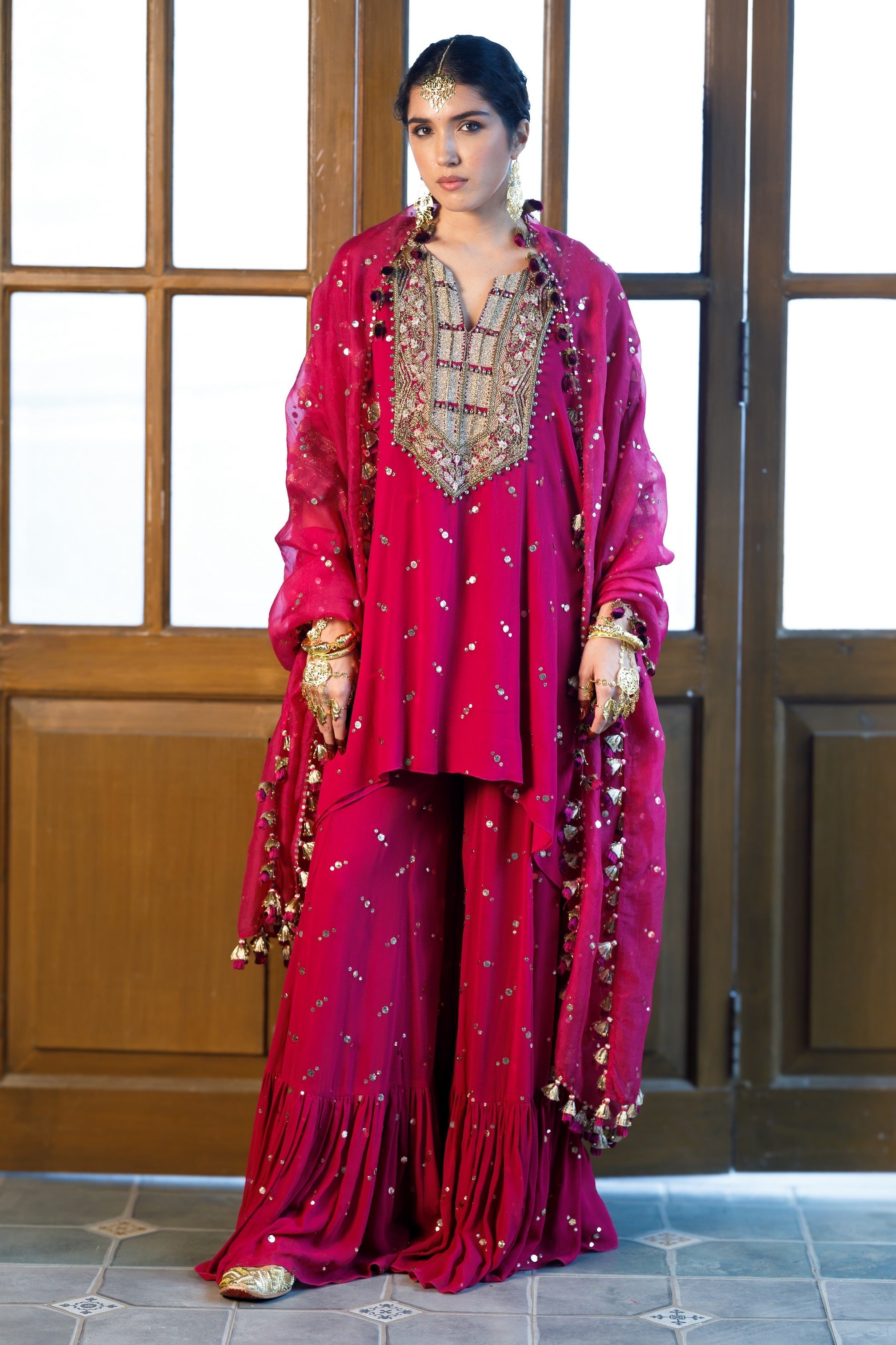 Magenta Pink Embroidered Kaftan And Frill Sharara With Dupatta
