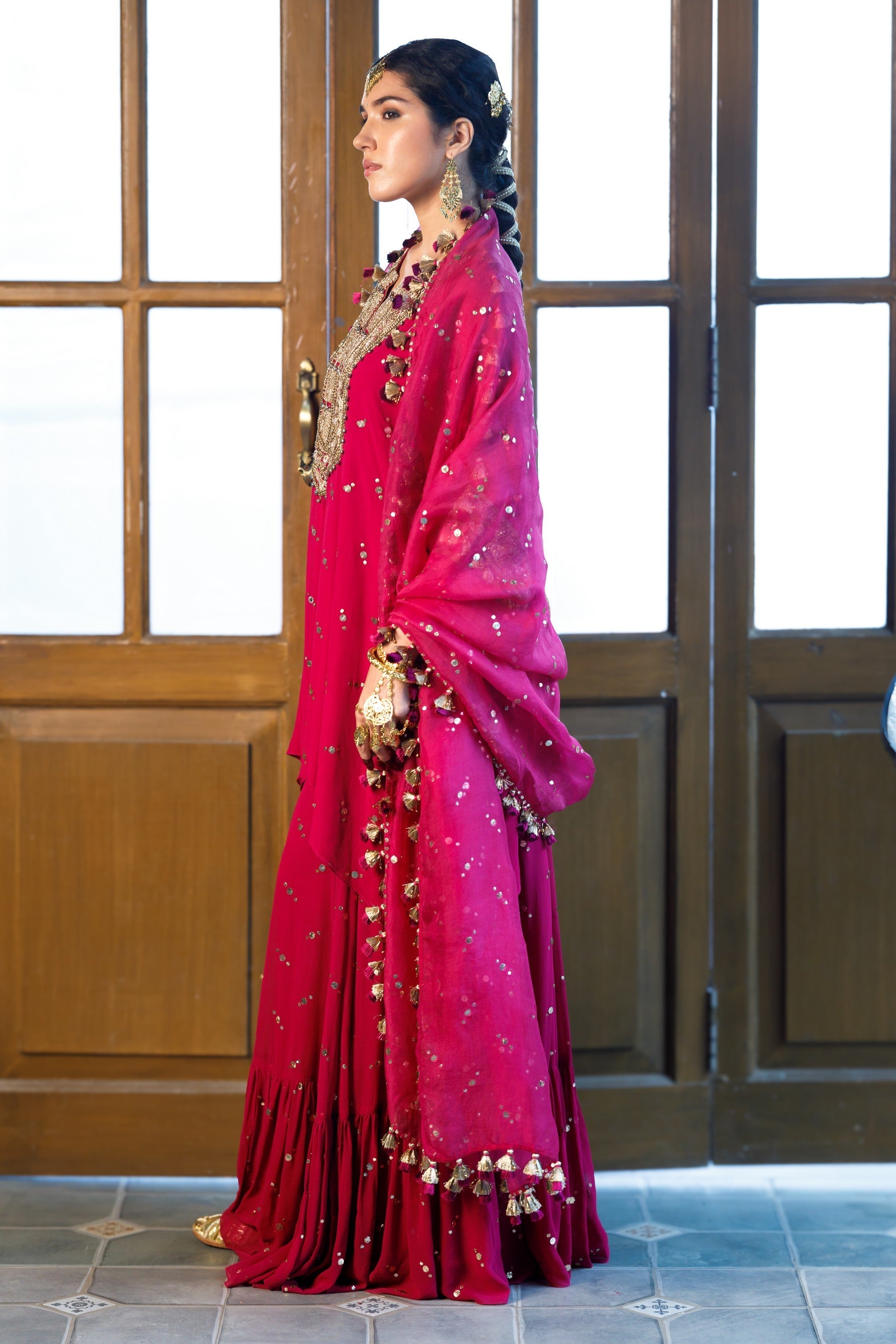 Magenta Pink Embroidered Kaftan And Frill Sharara With Dupatta