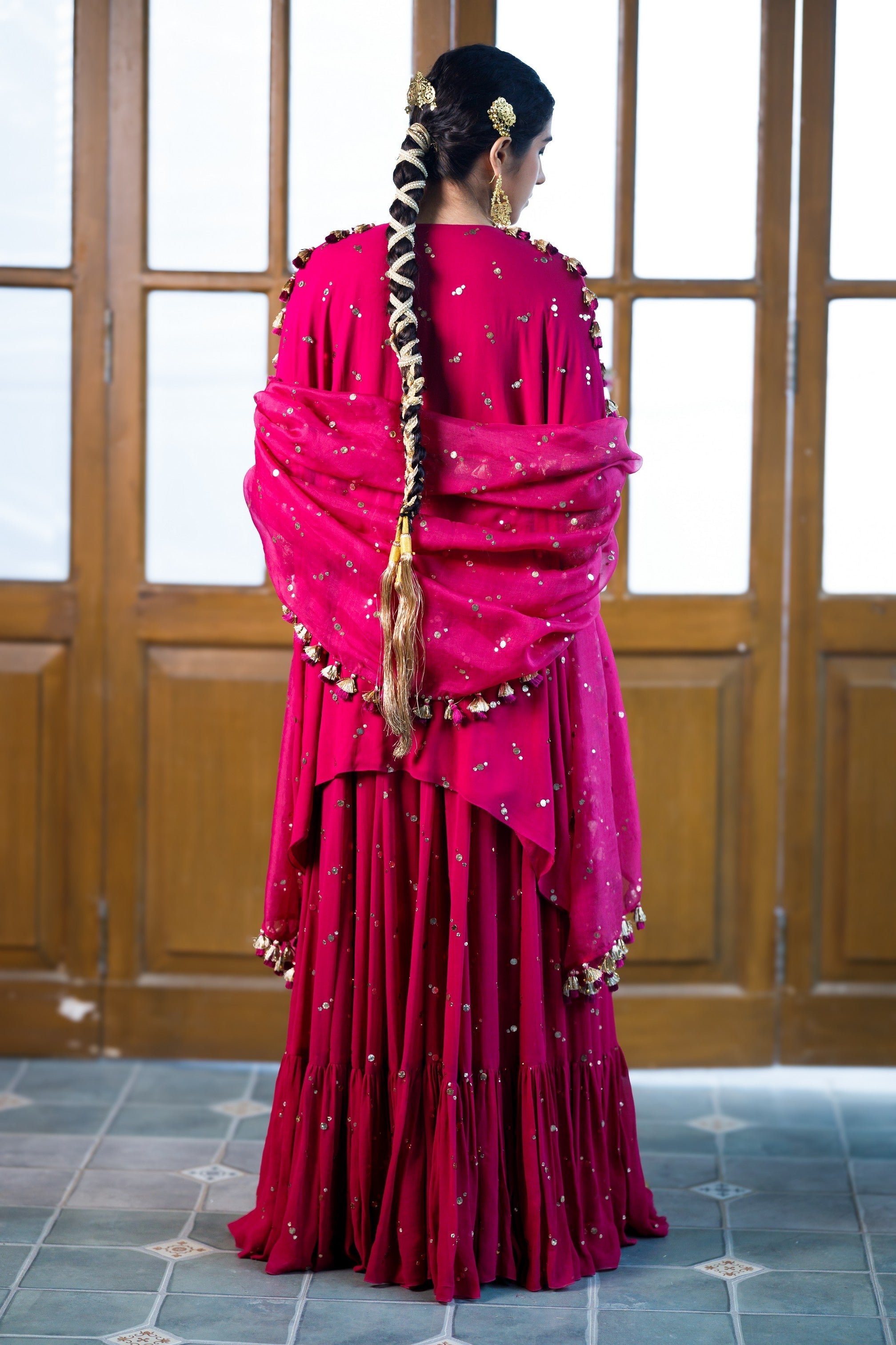 Magenta Pink Embroidered Kaftan And Frill Sharara With Dupatta